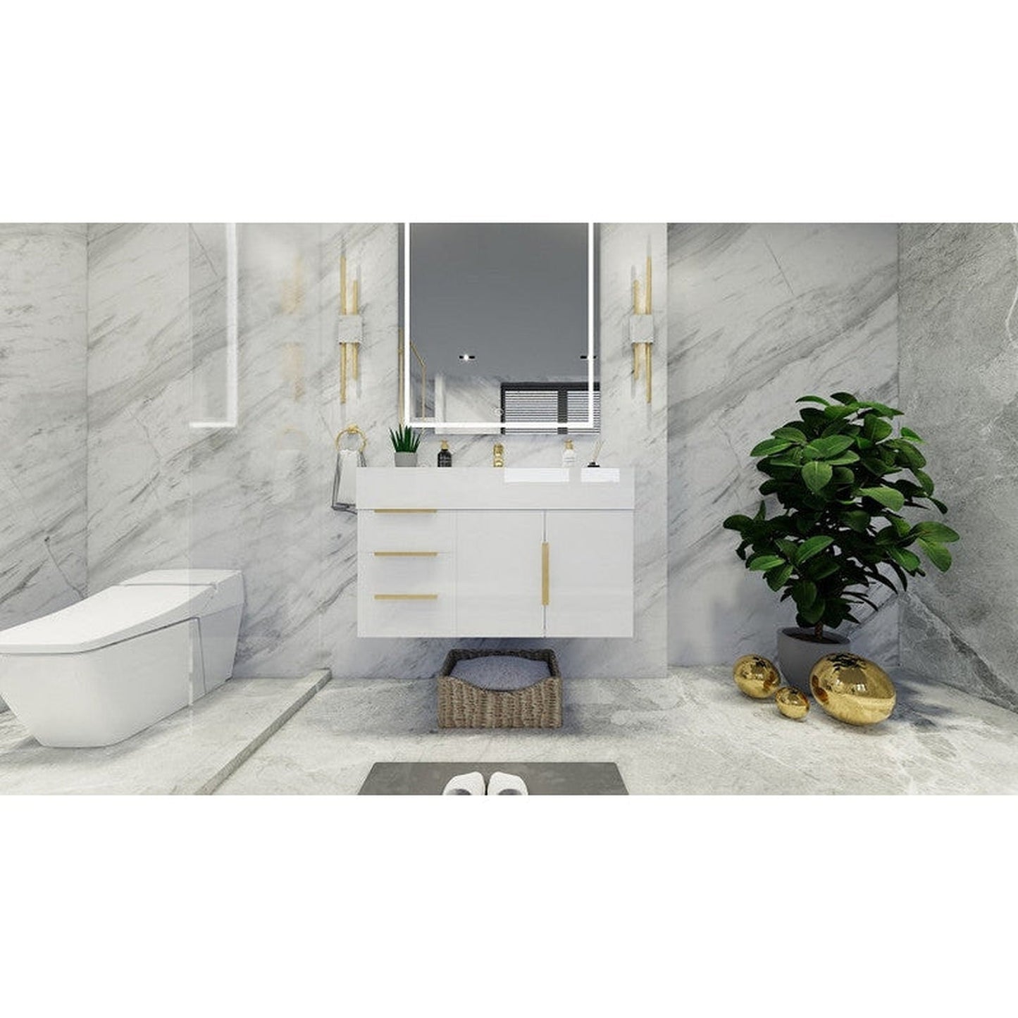 Moreno Bath Bethany 36" High Gloss White Wall-Mounted Vanity With Left Side Drawers and Single Reinforced White Acrylic Sink