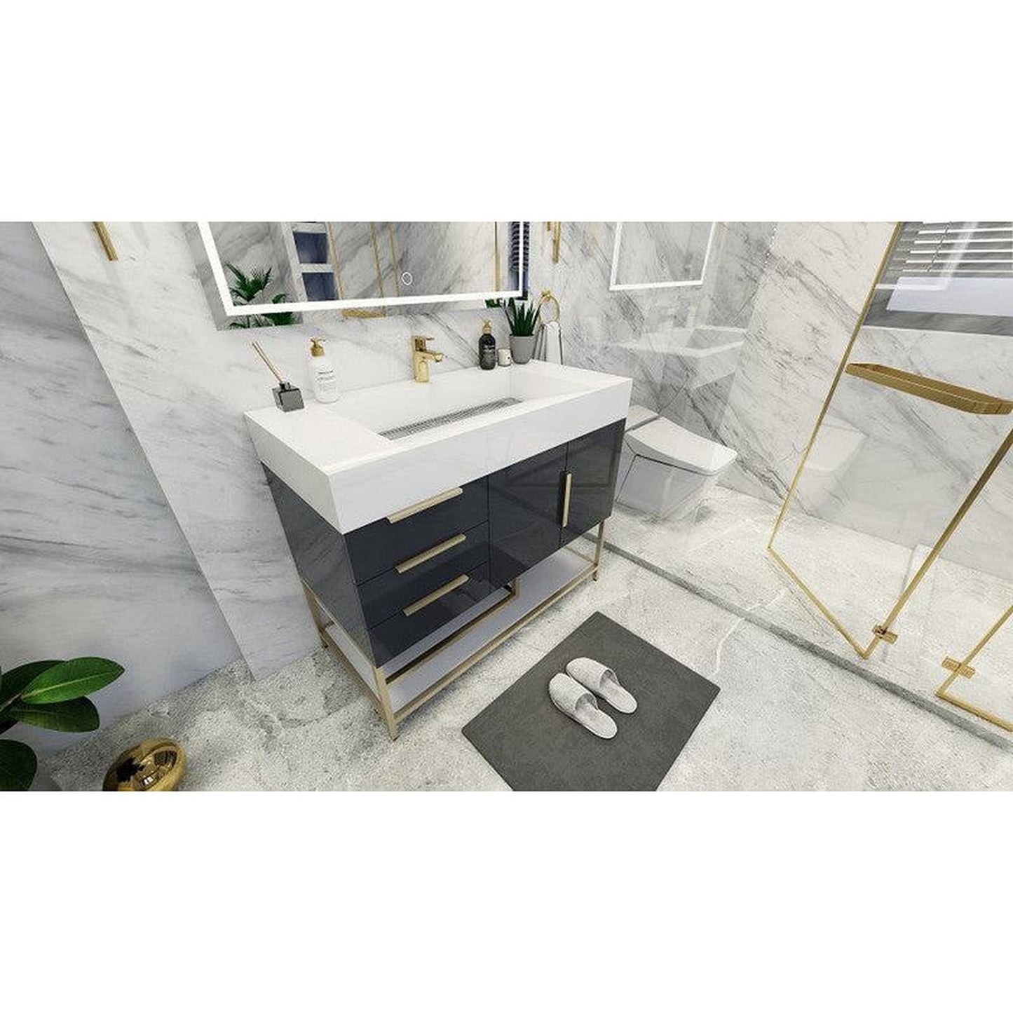 Moreno Bath Bethany 42" High Gloss Gray Freestanding Vanity With Left Side Drawers and Single Reinforced White Acrylic Sink