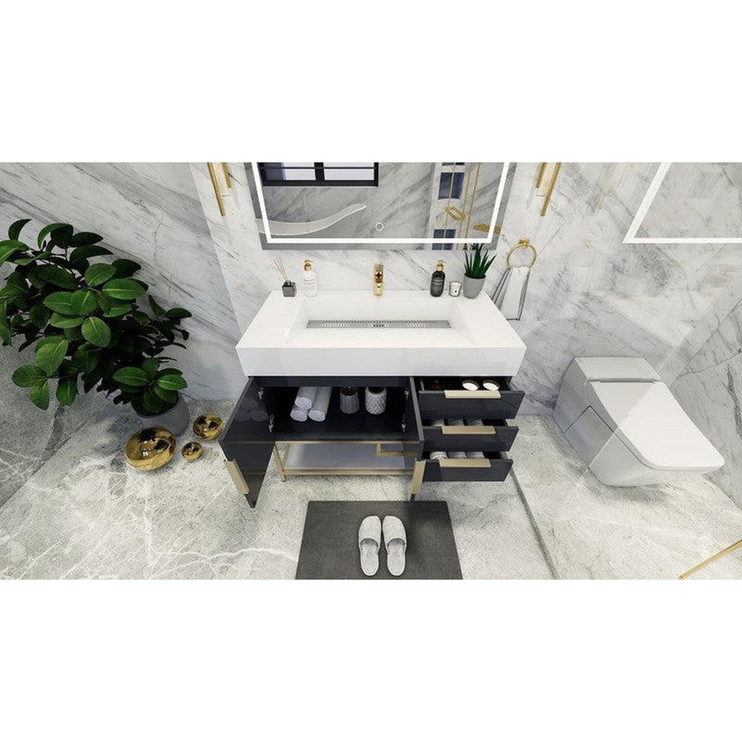 Moreno Bath Bethany 42" High Gloss Gray Freestanding Vanity With Right Side Drawers and Single Reinforced White Acrylic Sink