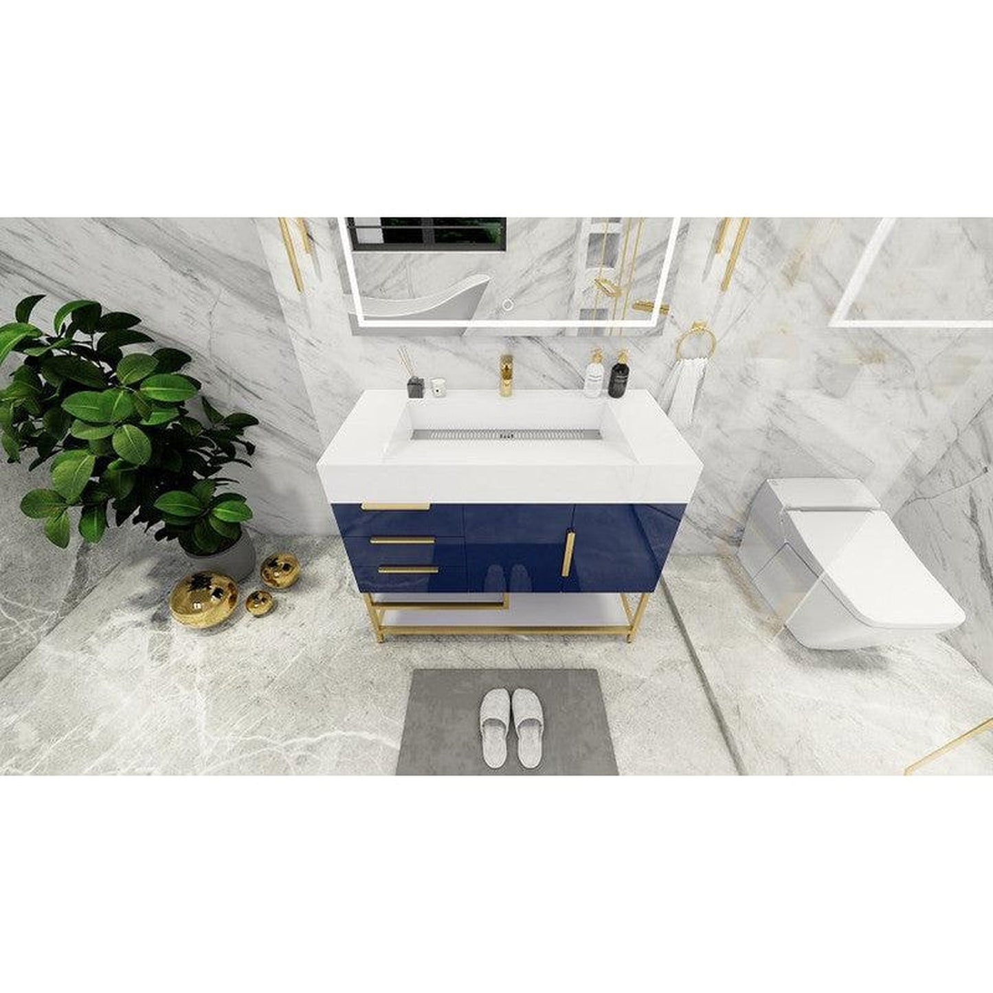 Moreno Bath Bethany 42" High Gloss Night Blue Freestanding Vanity With Left Side Drawers and Single Reinforced White Acrylic Sink
