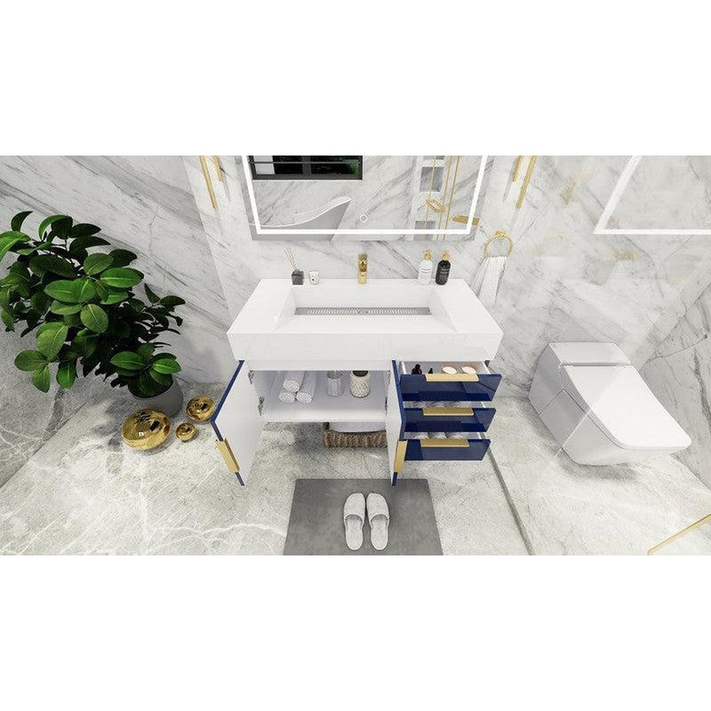 Moreno Bath Bethany 42" High Gloss Night Blue Wall-Mounted Vanity With Right Side Drawers and Single Reinforced White Acrylic Sink