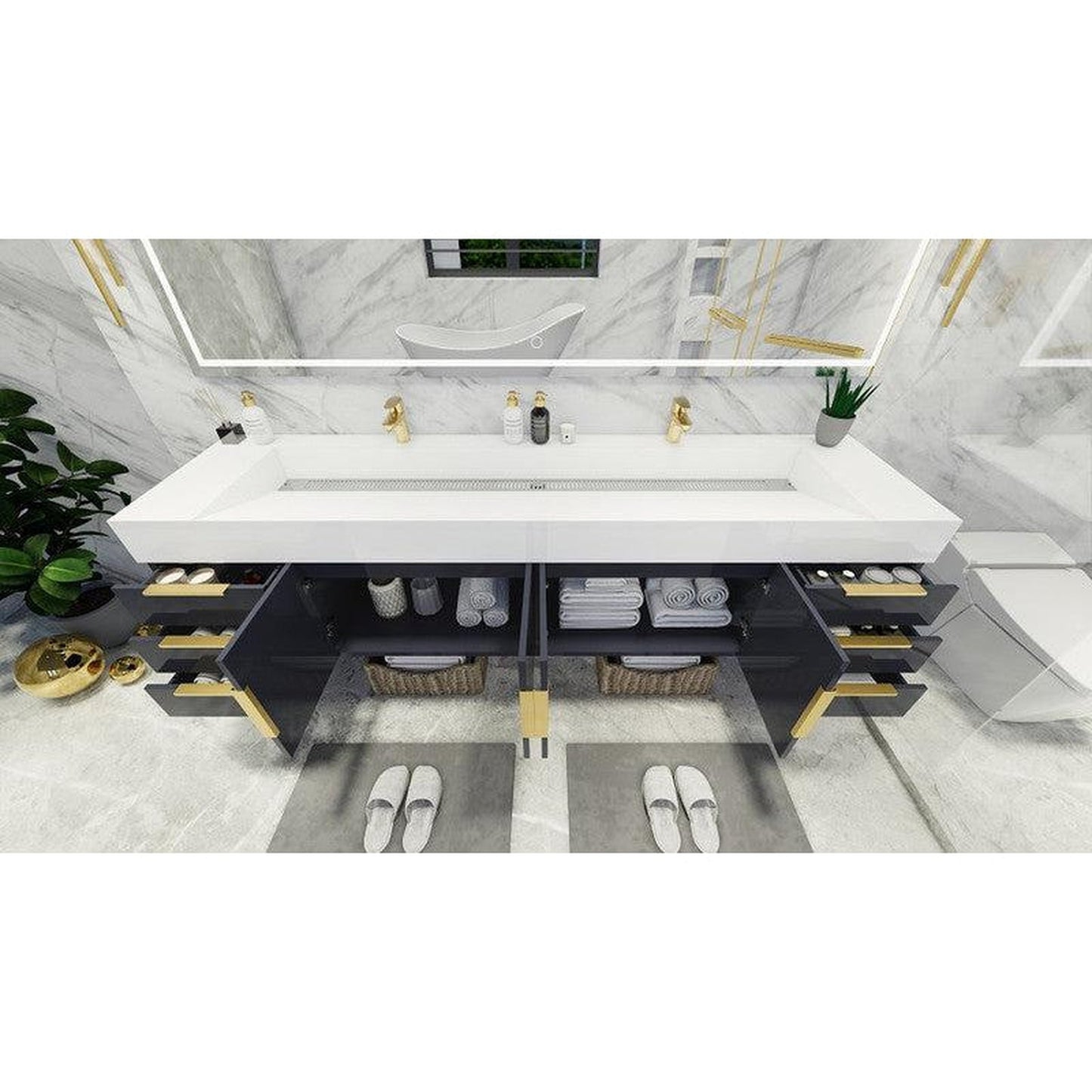 Moreno Bath Bethany 84" High Gloss Gray Wall-Mounted Vanity With Double Reinforced White Acrylic Sinks