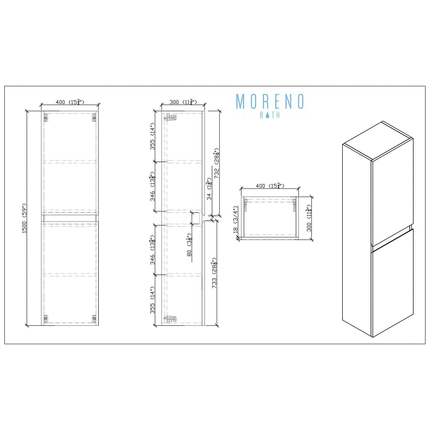 Moreno Bath Bohemia Lina 16" High Gloss White Wall-Mounted Linen Storage Cabinet
