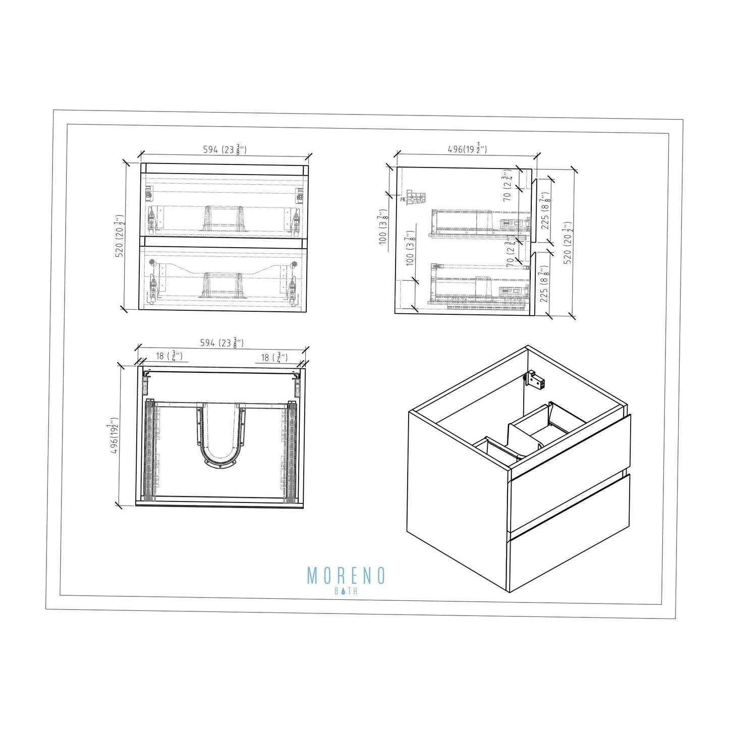 Moreno Bath Bohemia Lina 24" Cement Gray Wall-Mounted Vanity With Single Reinforced White Acrylic Sink