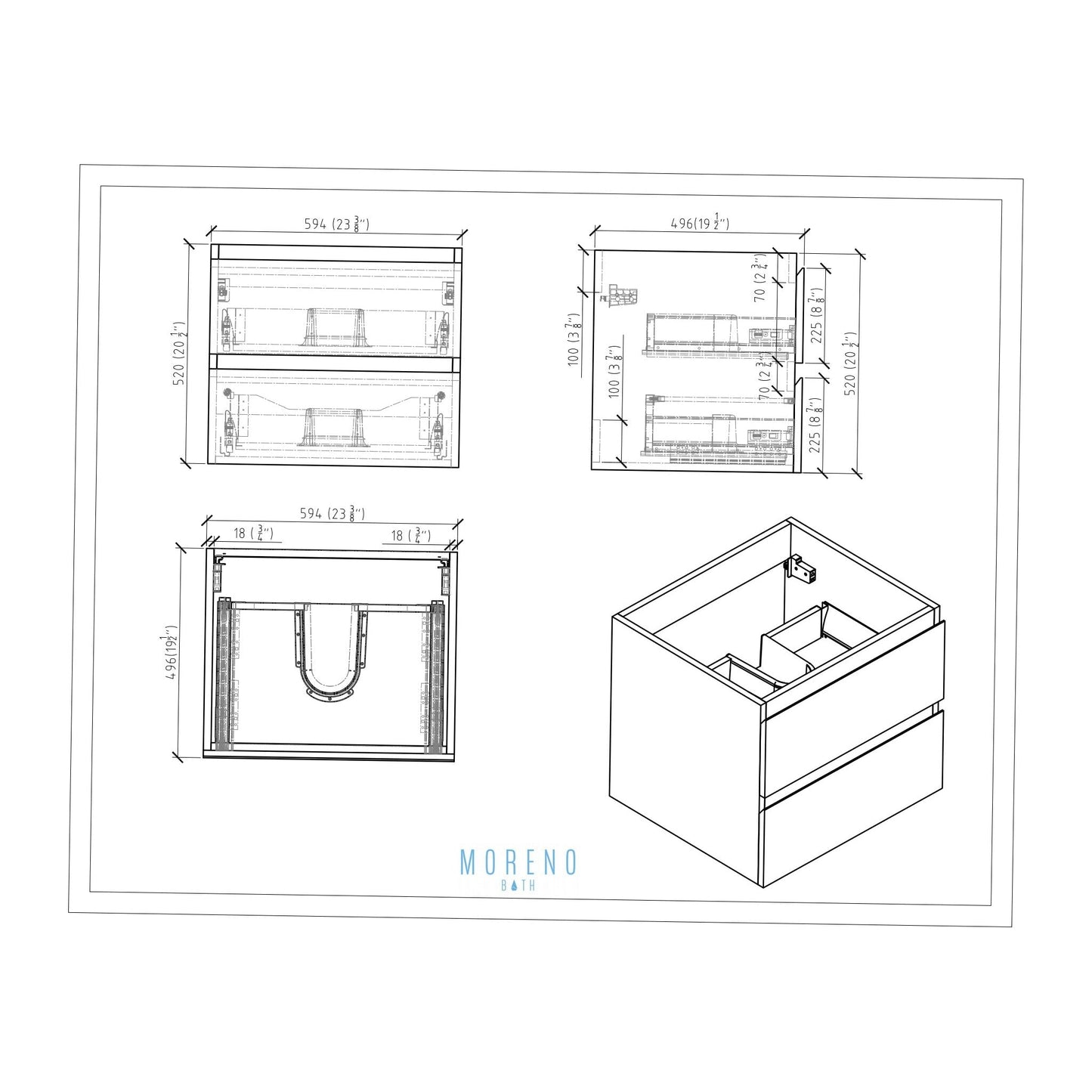 Moreno Bath Bohemia Lina 24" High Gloss Night Blue Wall-Mounted Vanity With Single Reinforced White Acrylic Sink
