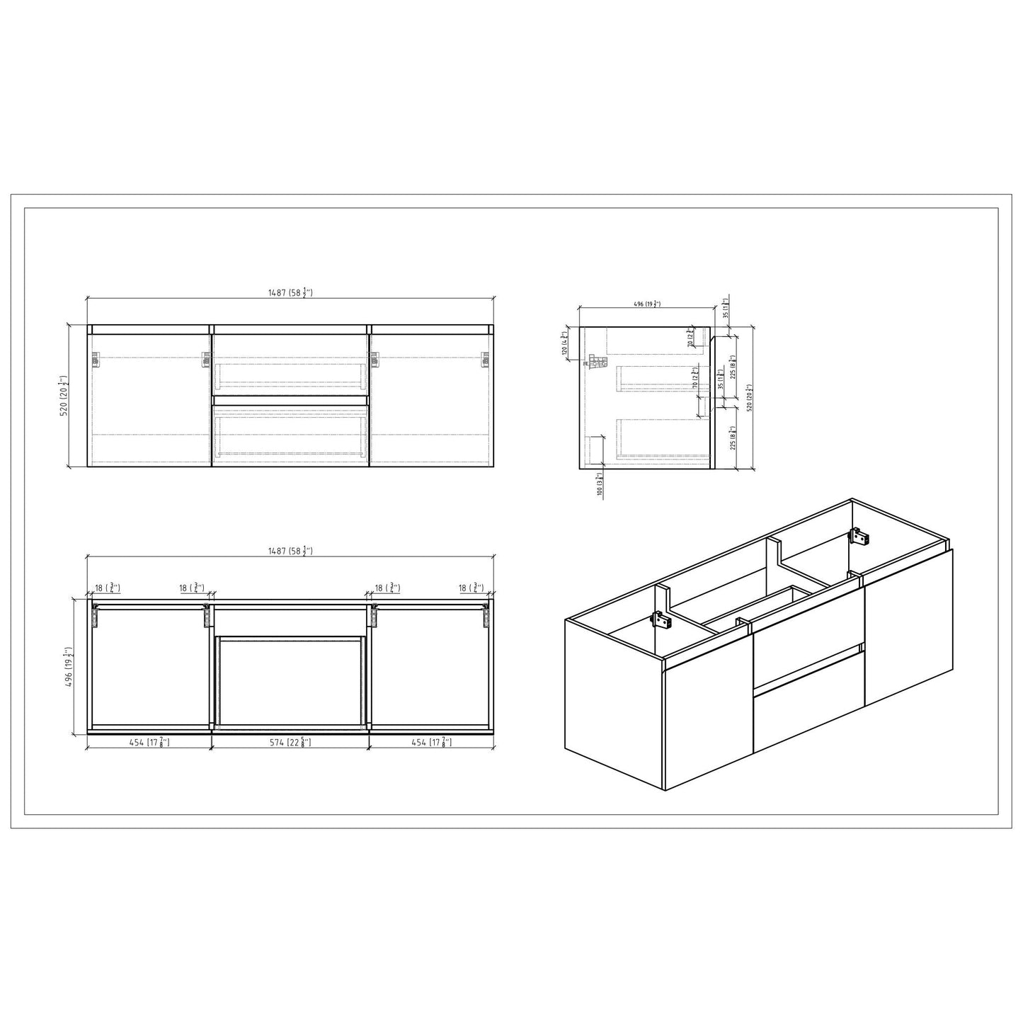 Moreno Bath Bohemia Lina 60" High Gloss Gray Wall-Mounted Vanity With Double Reinforced White Acrylic Sinks