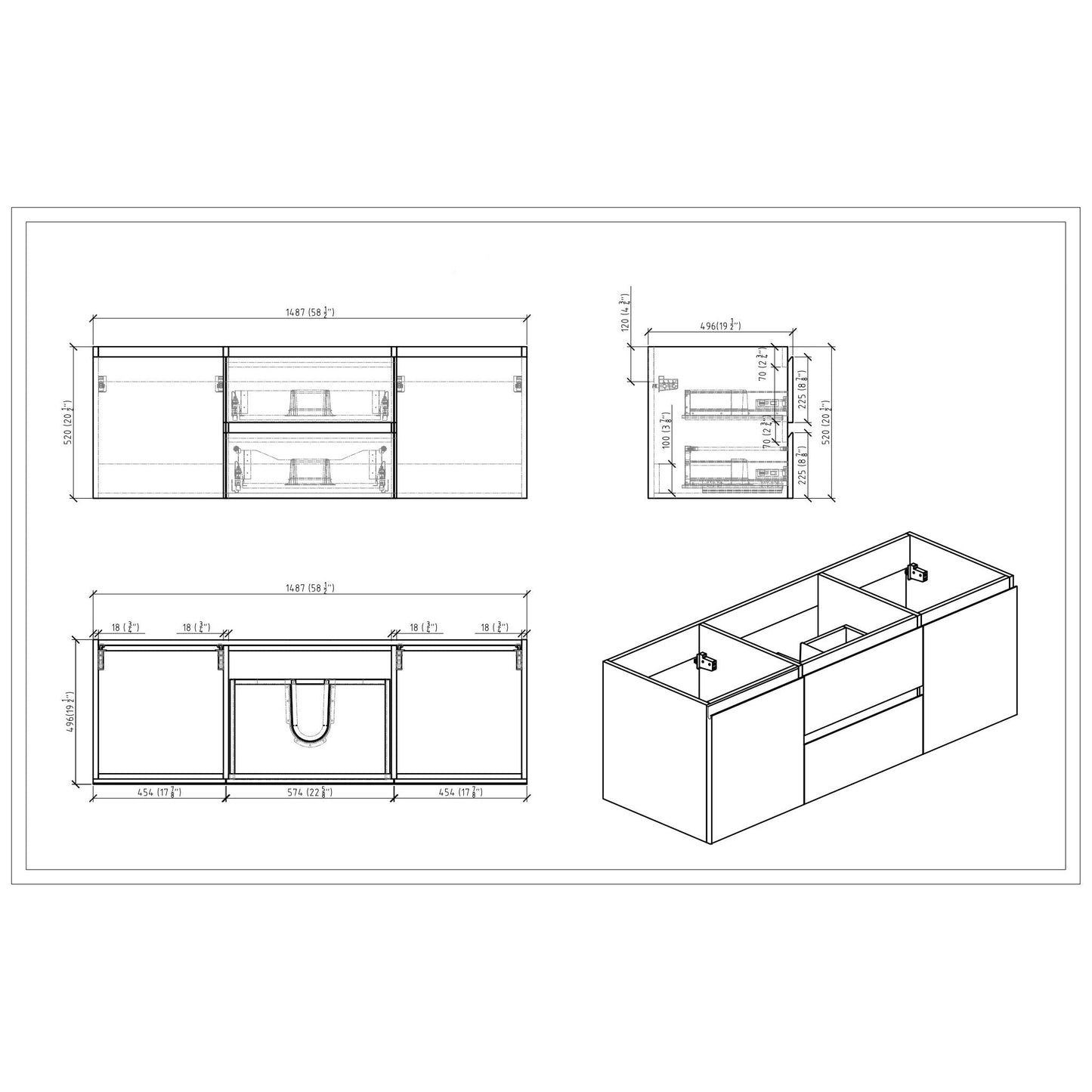Moreno Bath Bohemia Lina 60" Rich Black Wall-Mounted Vanity With Single Reinforced White Acrylic Sink