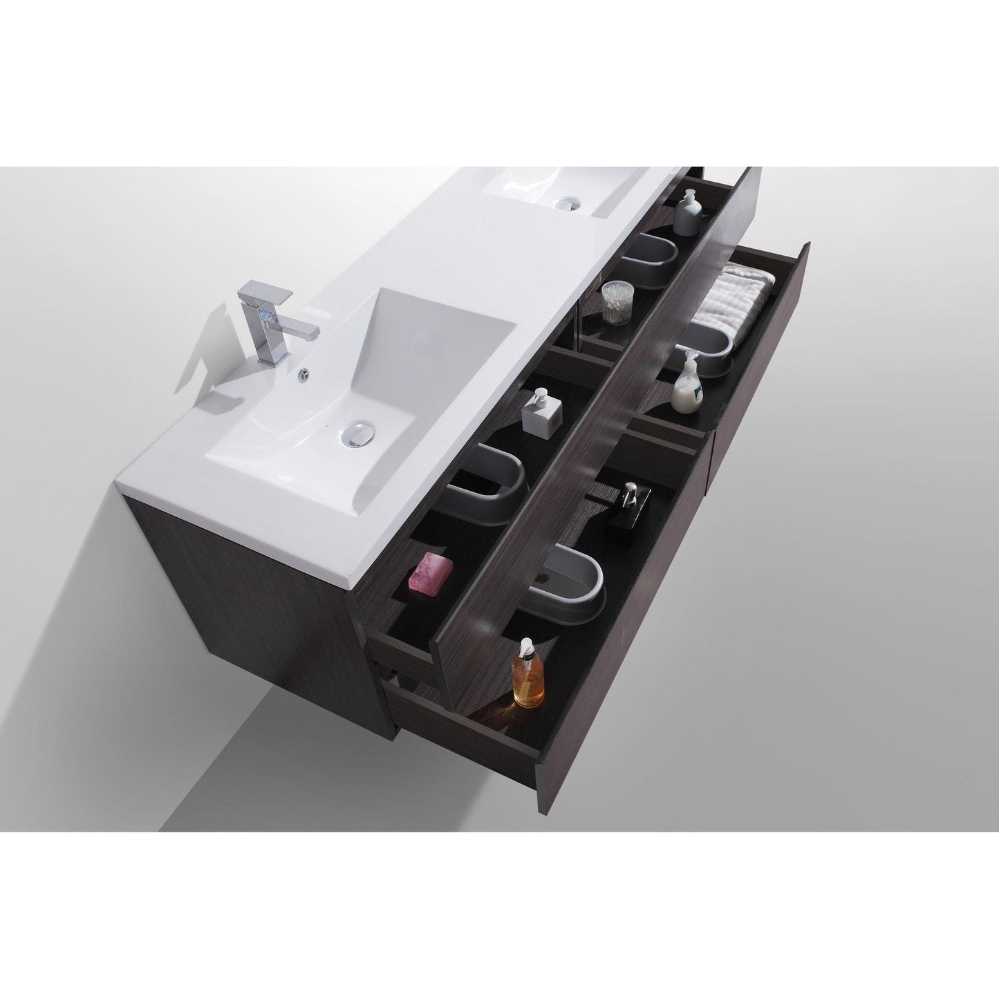 Moreno Bath Bohemia Lina 72" Dark Gray Oak Wall-Mounted Vanity With Double Reinforced White Acrylic Sinks