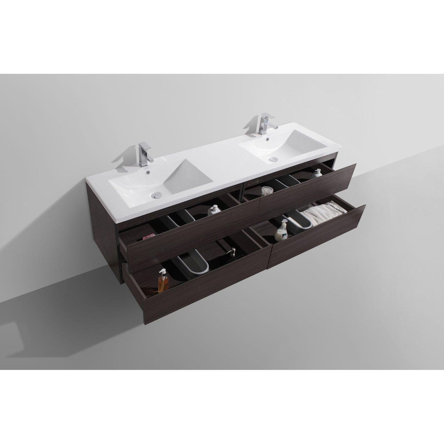 Moreno Bath Bohemia Lina 84" Dark Gray Oak Wall-Mounted Vanity With Double Reinforced White Acrylic Sinks