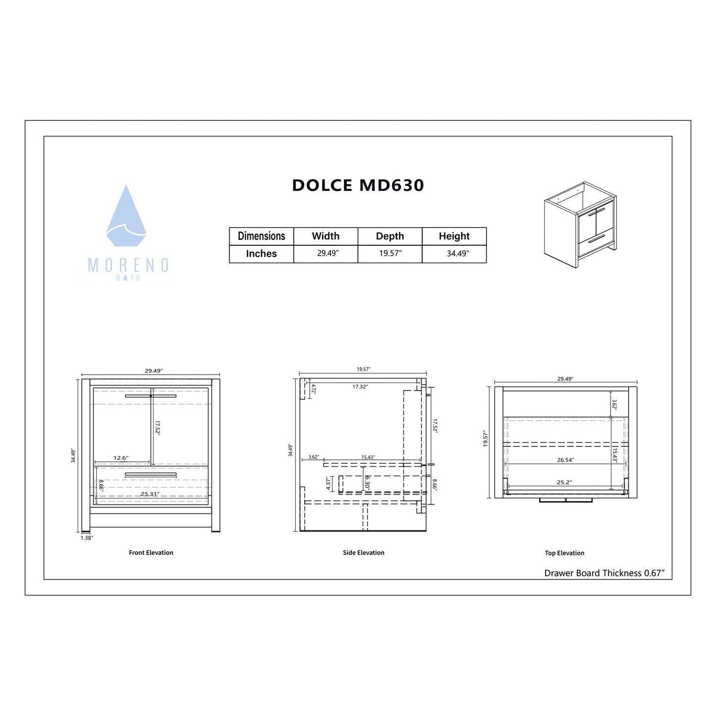 Moreno Bath Dolce 30" High Gloss Ash Gray Freestanding Vanity With Single Reinforced White Acrylic Sink
