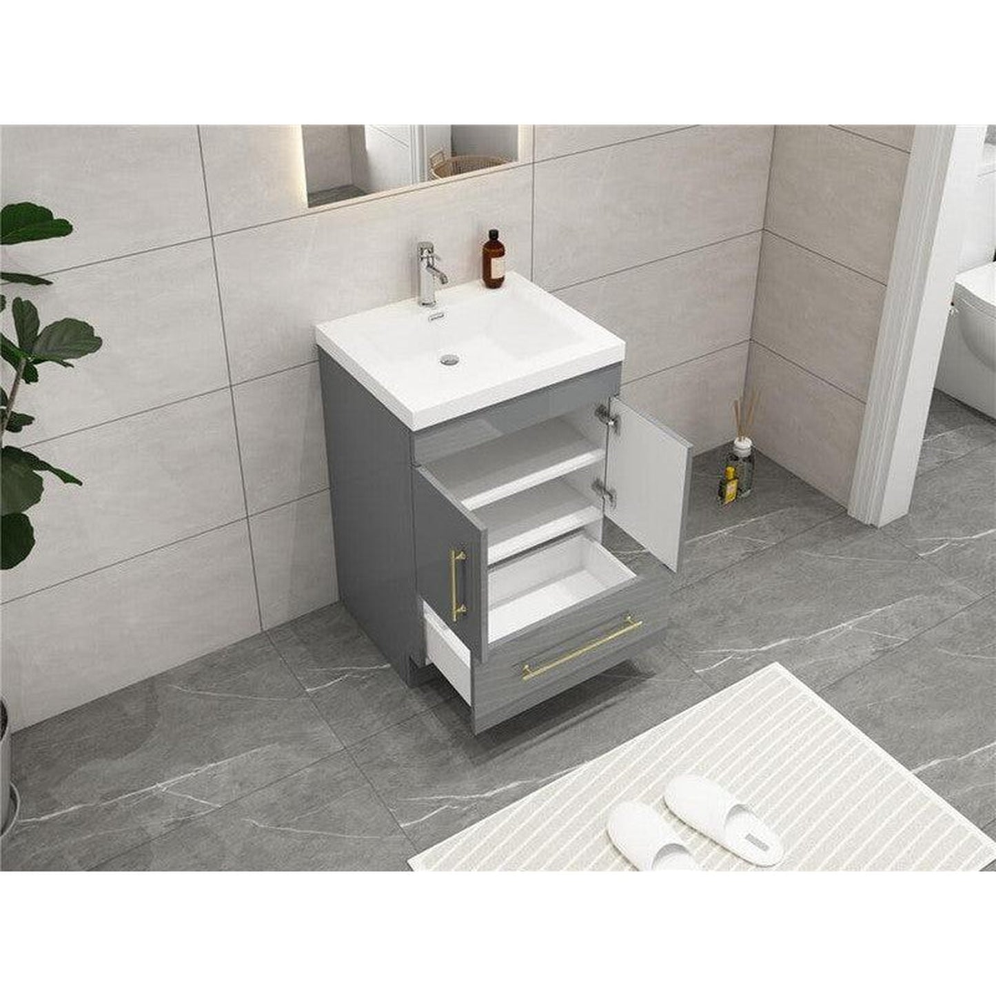 Moreno Bath ELSA 24" High Gloss Gray Freestanding Vanity With Single Reinforced White Acrylic Sink