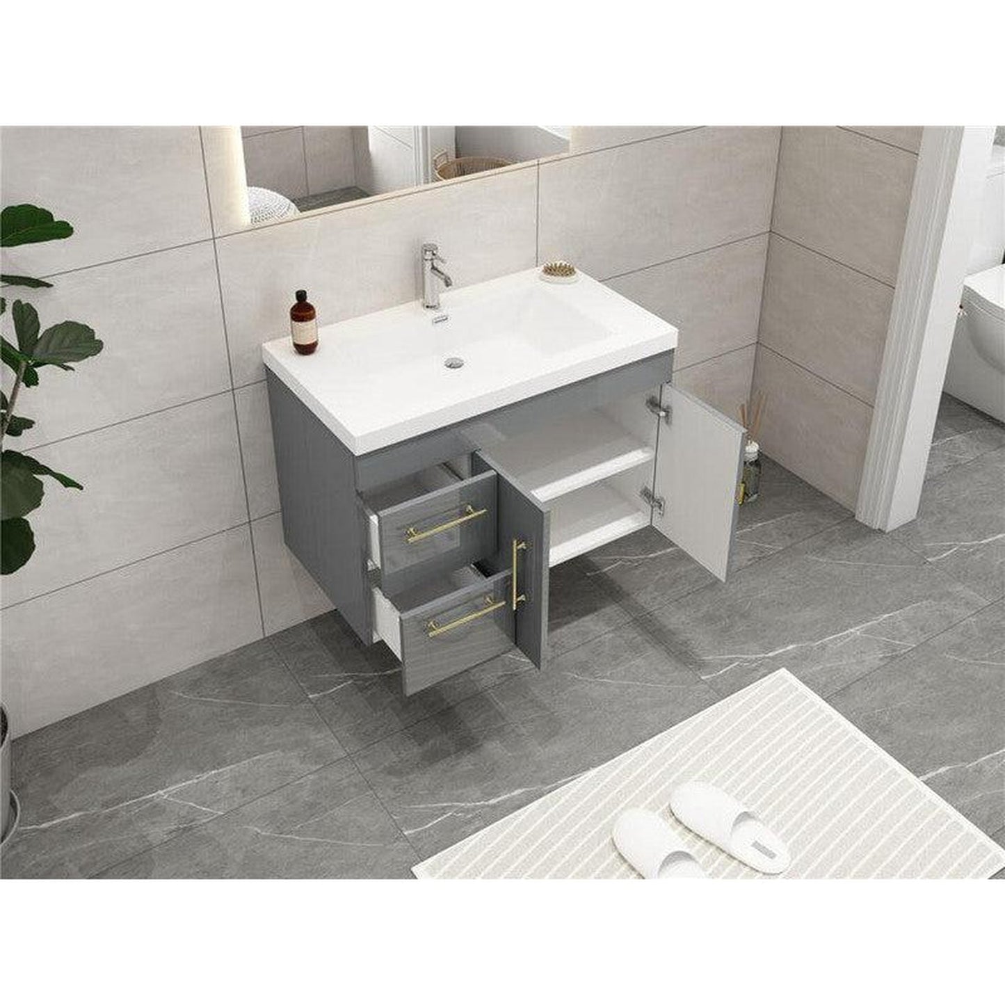 Moreno Bath ELSA 36" High Gloss Gray Wall-Mounted Vanity With Left Side Drawers and Single Reinforced White Acrylic Sink
