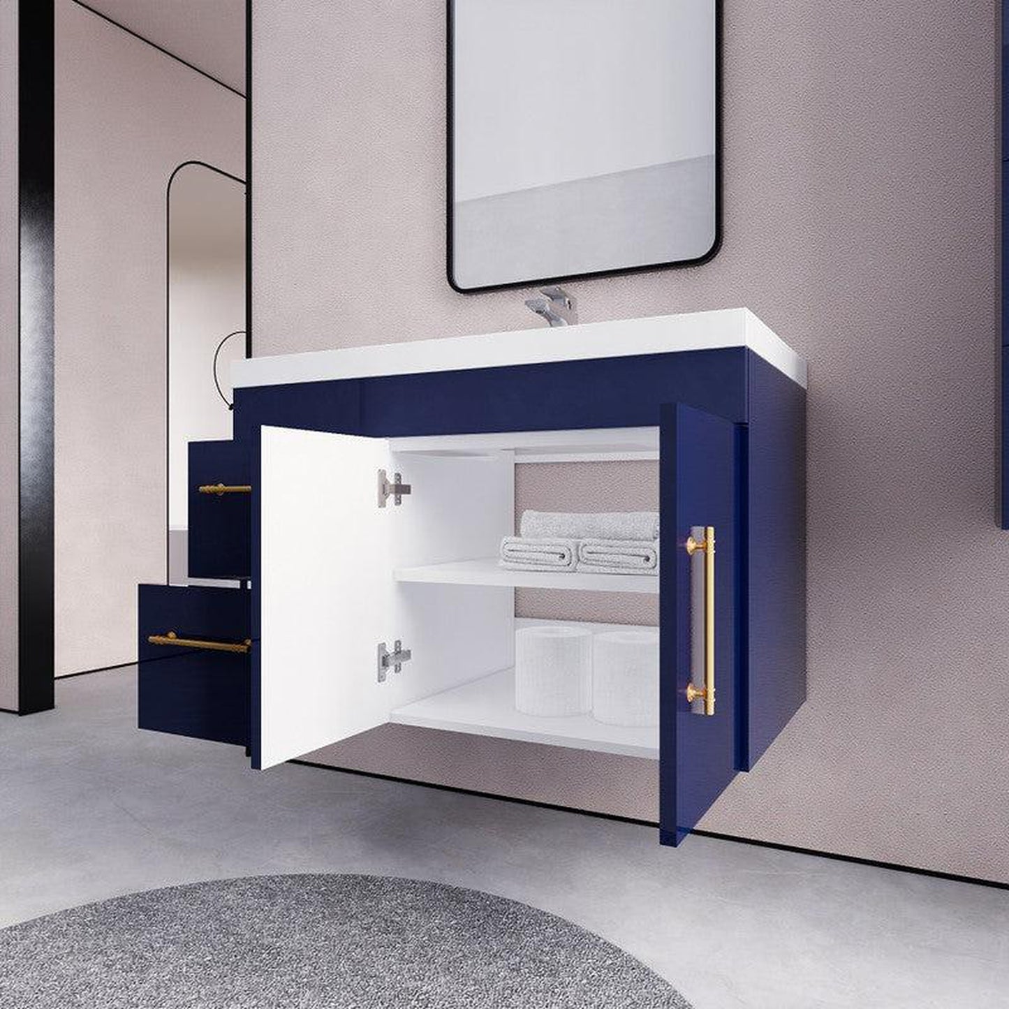 Moreno Bath ELSA 36" High Gloss Night Blue Wall-Mounted Vanity With Left Side Drawers and Single Reinforced White Acrylic Sink