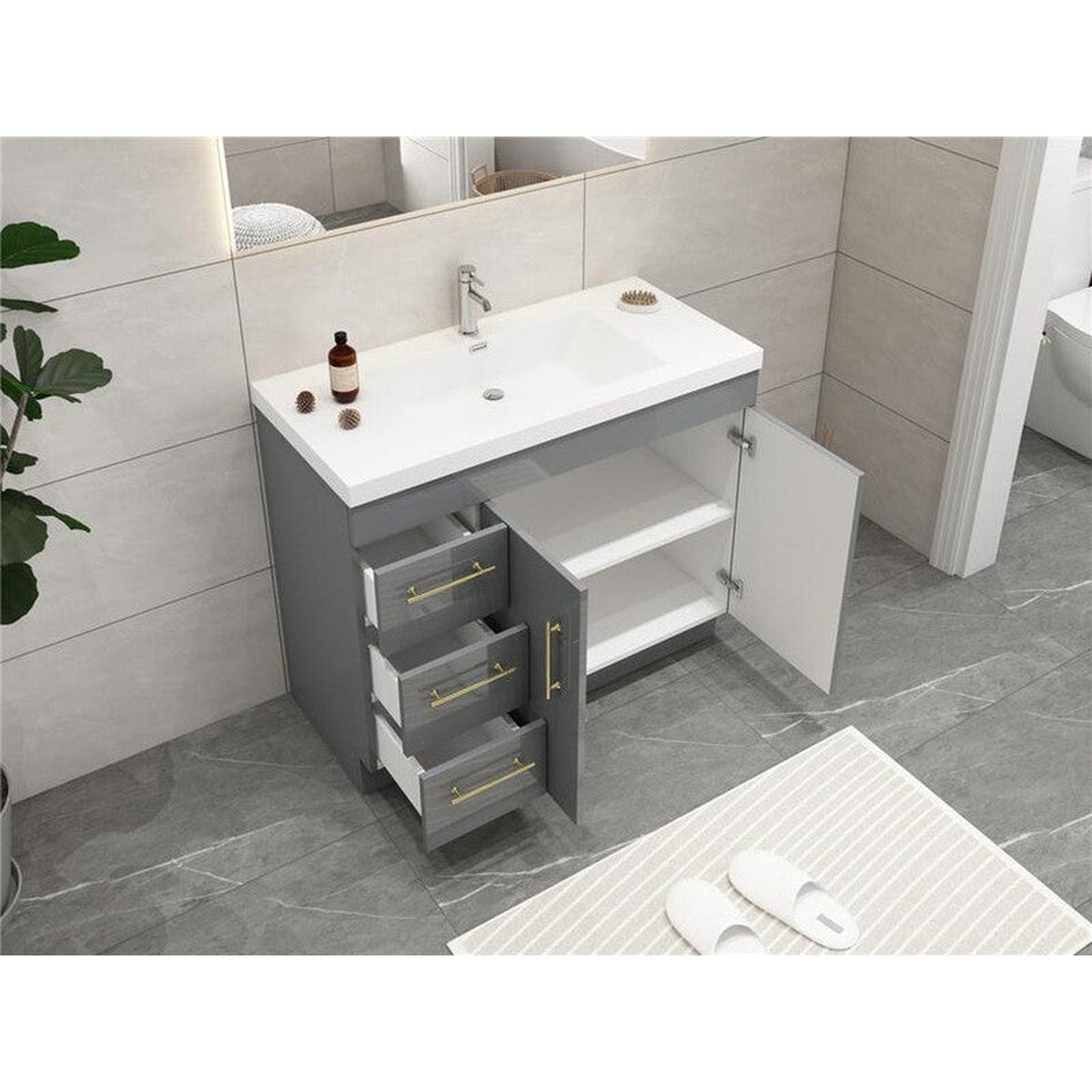 Moreno Bath ELSA 42" High Gloss Gray Freestanding Vanity With Left Side Drawers and Single Reinforced White Acrylic Sink