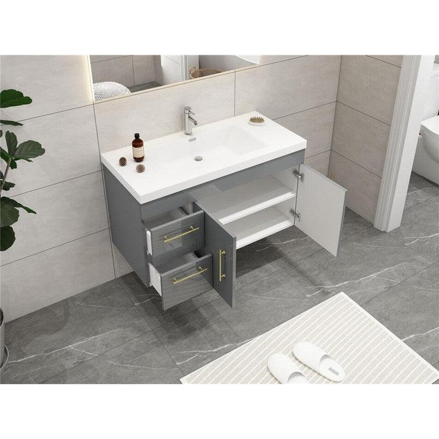 Moreno Bath ELSA 42" High Gloss Gray Wall-Mounted Vanity With Left Side Drawers and Single Reinforced White Acrylic Sink
