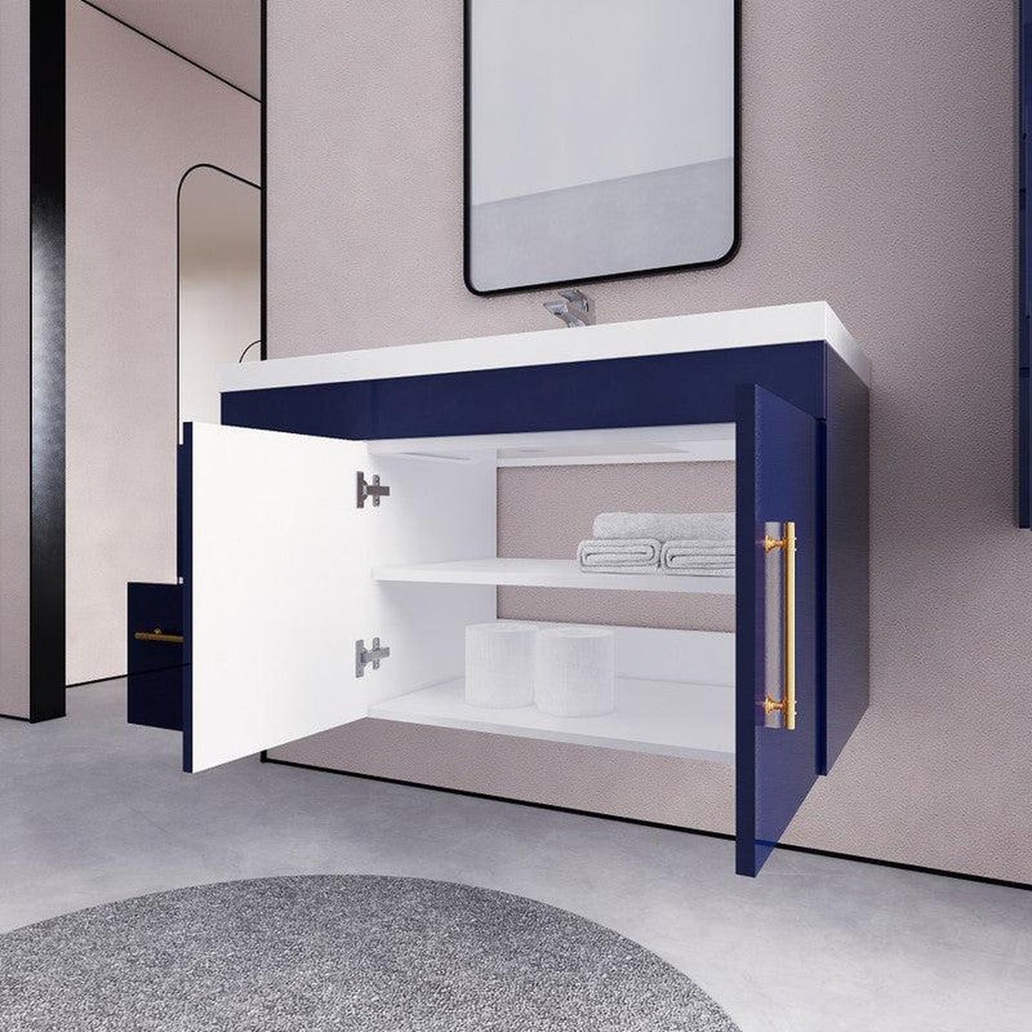 Moreno Bath ELSA 42" High Gloss Night Blue Wall-Mounted Vanity With Left Side Drawers and Single Reinforced White Acrylic Sink