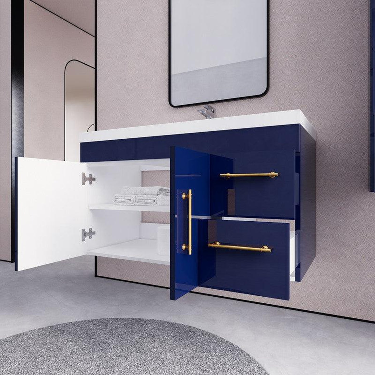 Moreno Bath ELSA 42" High Gloss Night Blue Wall-Mounted Vanity With Right Side Drawers and Single Reinforced White Acrylic Sink