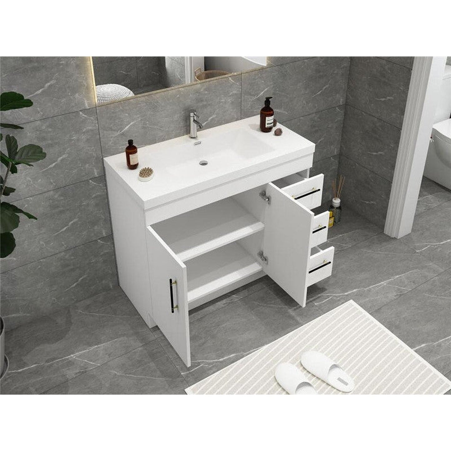 Moreno Bath ELSA 42" High Gloss White Freestanding Vanity With Right Side Drawers and Single Reinforced White Acrylic Sink
