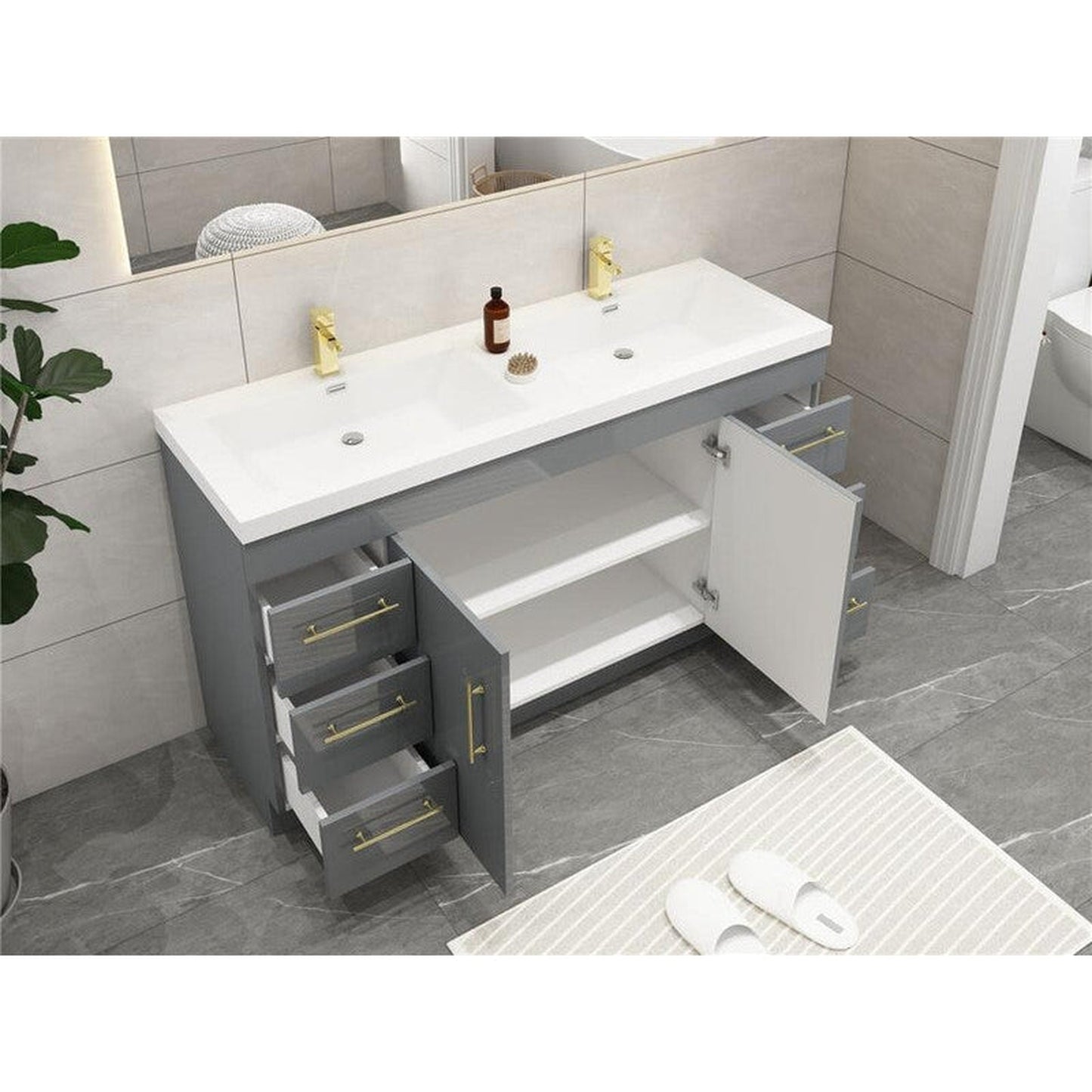 Moreno Bath ELSA 60" High Gloss Gray Freestanding Vanity With Double Reinforced White Acrylic Sinks