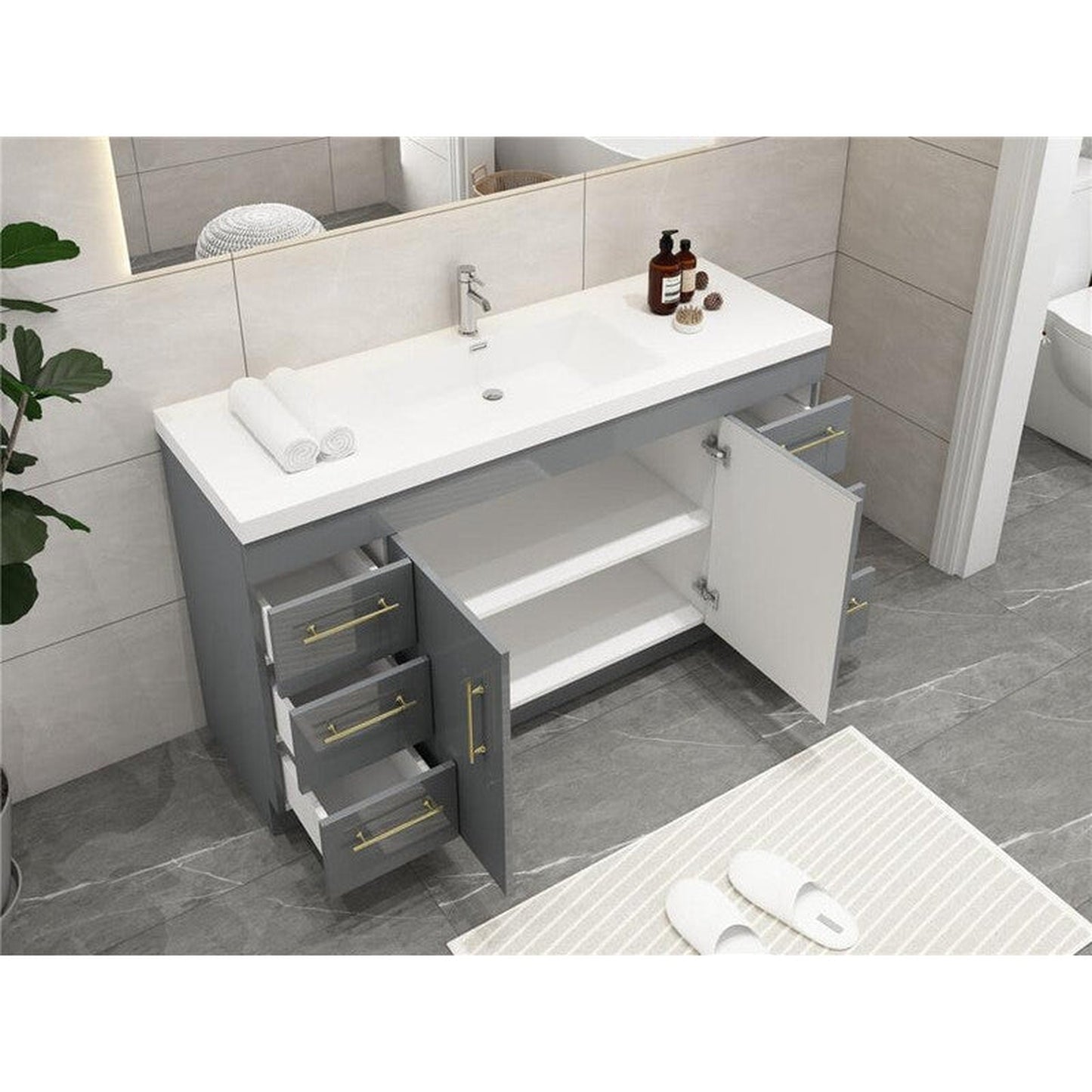Moreno Bath ELSA 60" High Gloss Gray Freestanding Vanity With Single Reinforced White Acrylic Sink