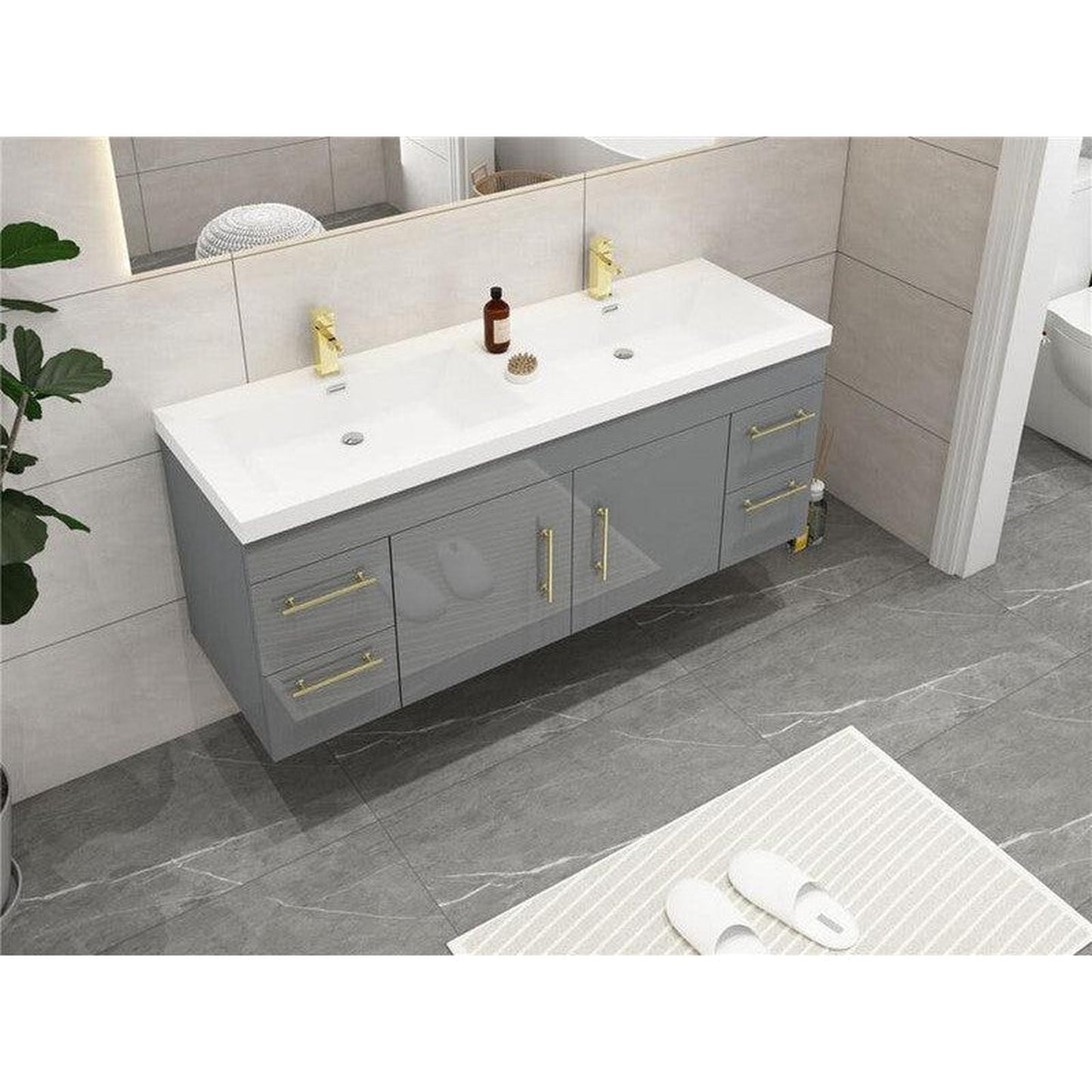 Moreno Bath ELSA 60" High Gloss Gray Wall-Mounted Vanity With Double Reinforced White Acrylic Sinks