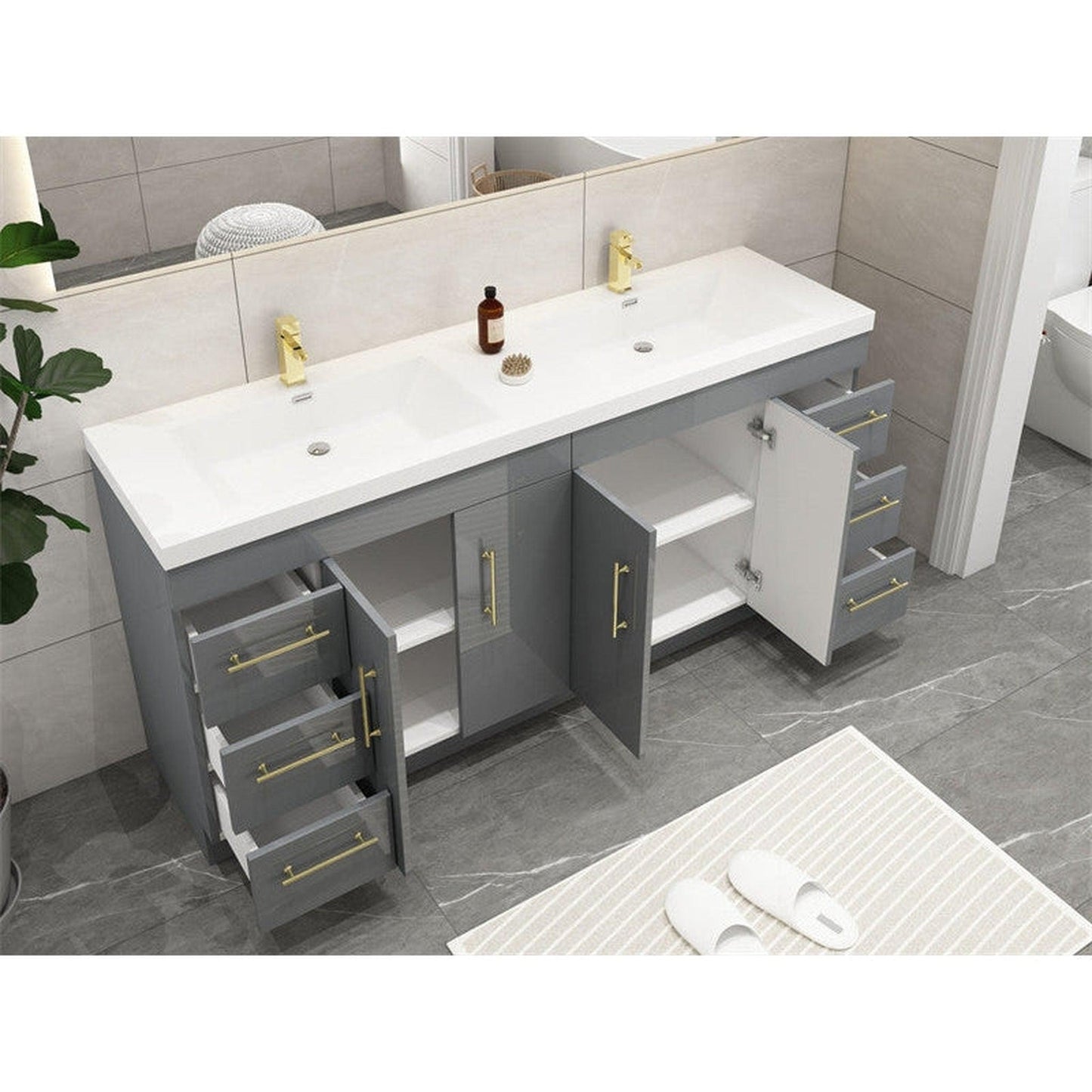 Moreno Bath ELSA 72" High Gloss Gray Freestanding Vanity With Double Reinforced White Acrylic Sinks