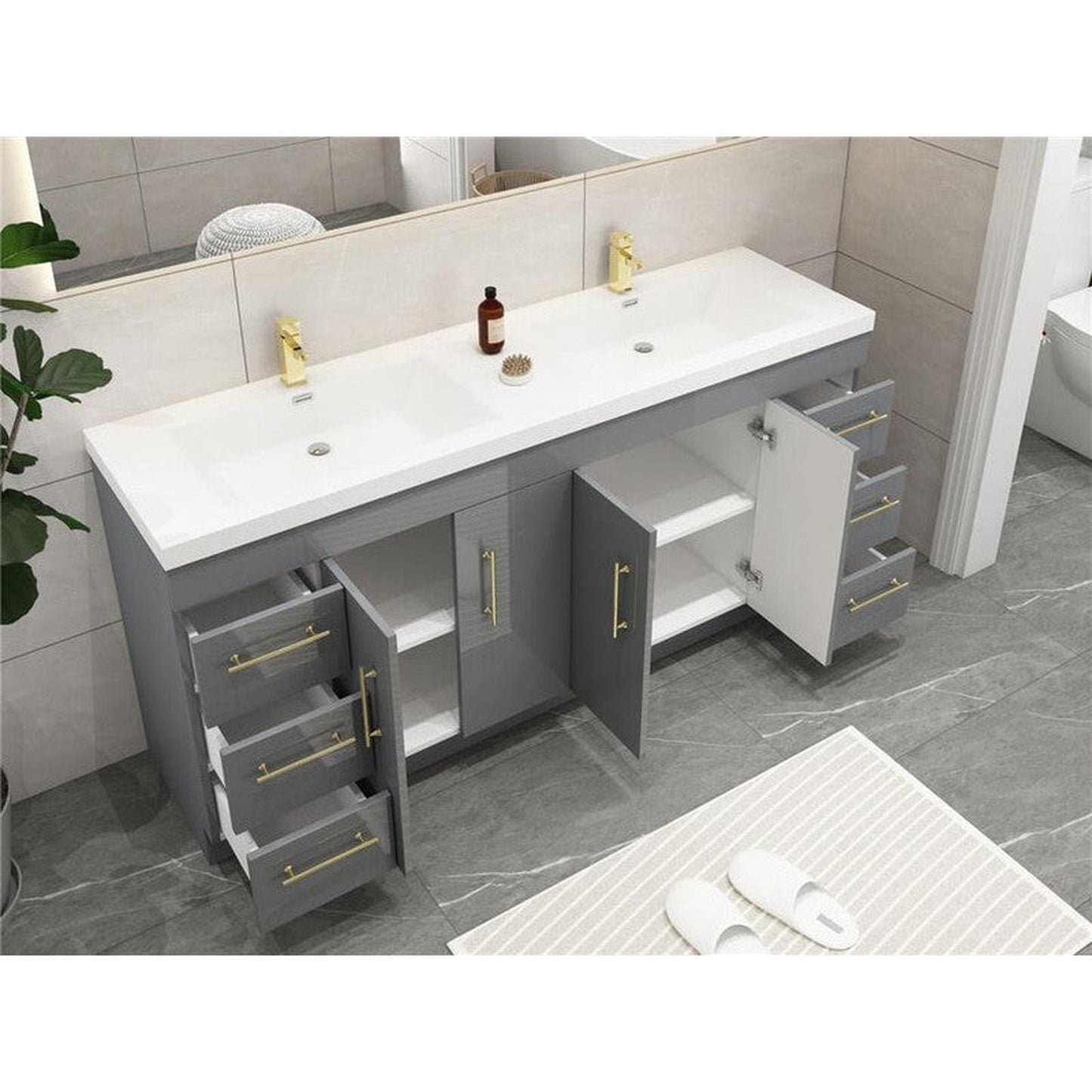Moreno Bath ELSA 84" High Gloss Gray Freestanding Vanity With Double Reinforced White Acrylic Sinks