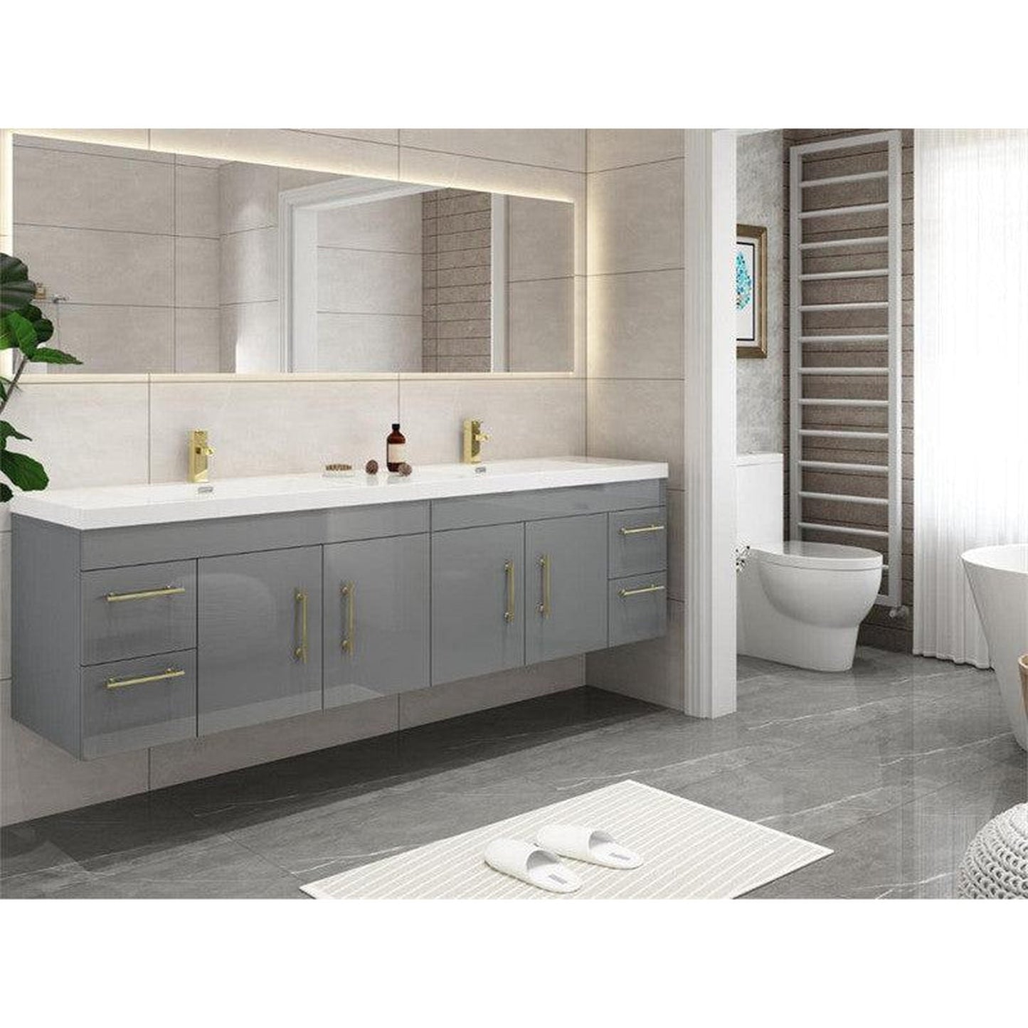 Moreno Bath ELSA 84" High Gloss Gray Wall-Mounted Vanity With Double Reinforced White Acrylic Sinks