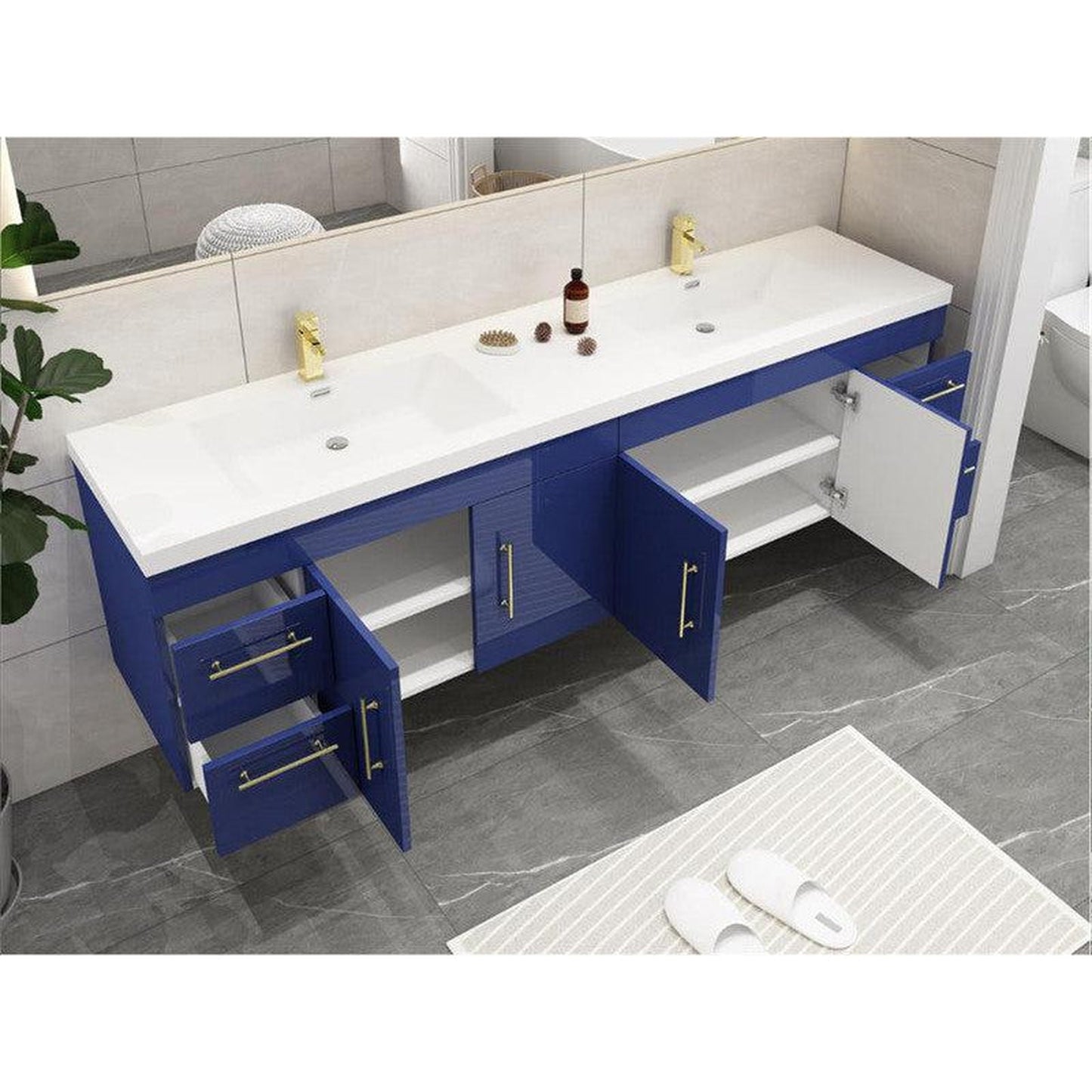 Moreno Bath ELSA 84" High Gloss Night Blue Wall-Mounted Vanity With Double Reinforced White Acrylic Sinks