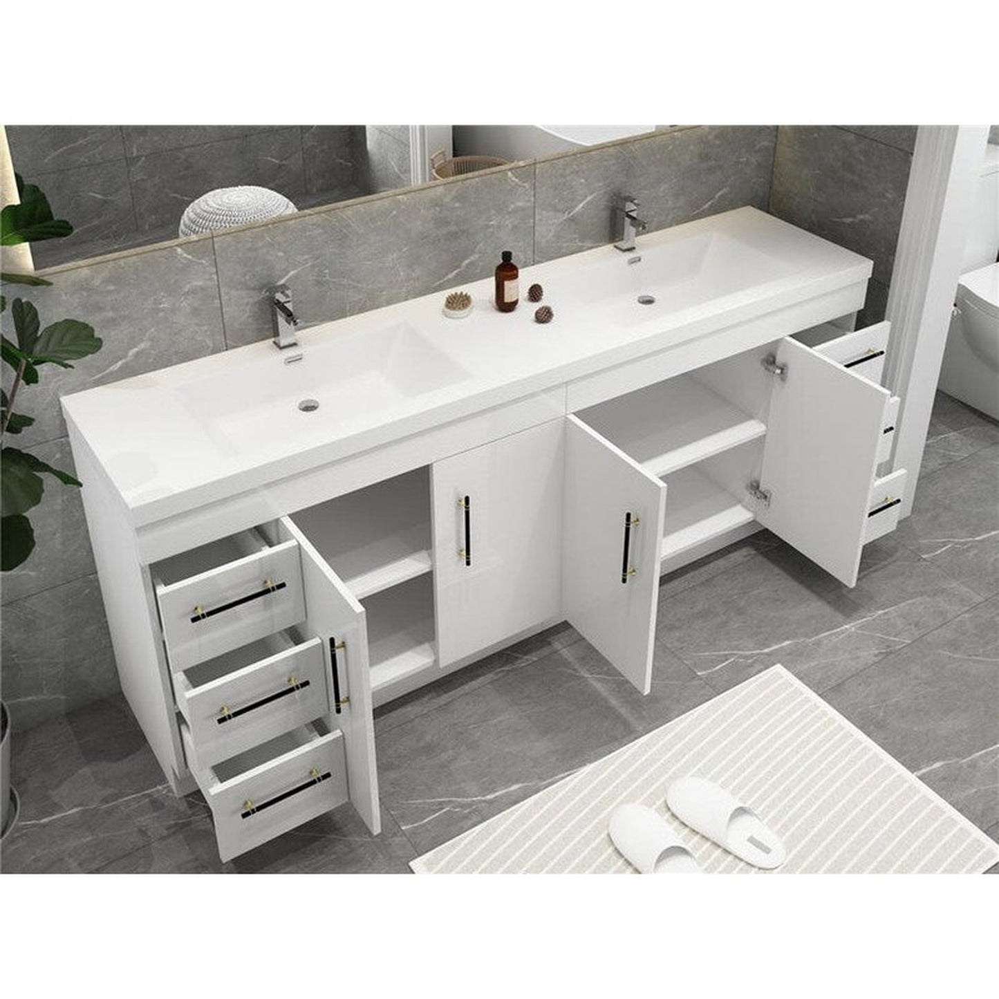 Moreno Bath ELSA 84" High Gloss White Freestanding Vanity With Double Reinforced White Acrylic Sinks