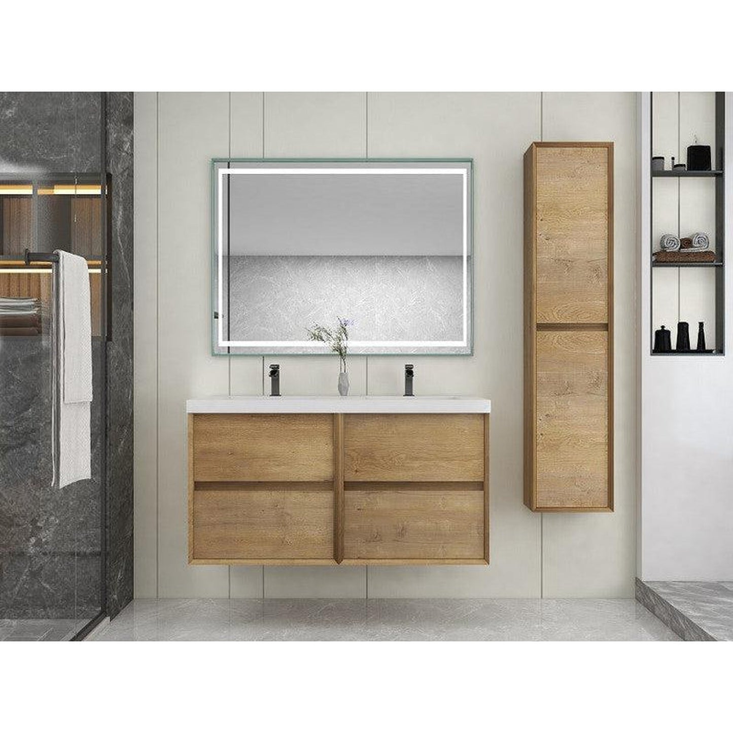 Moreno Bath Kingdee 48" White Oak Wall-Mounted Modern Vanity With Double Reinforced White Acrylic Sinks