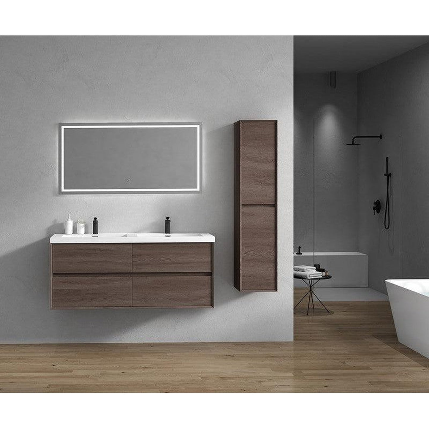Moreno Bath Kingdee 60" Red Oak Wall-Mounted Modern Vanity With Double Reinforced White Acrylic Sinks