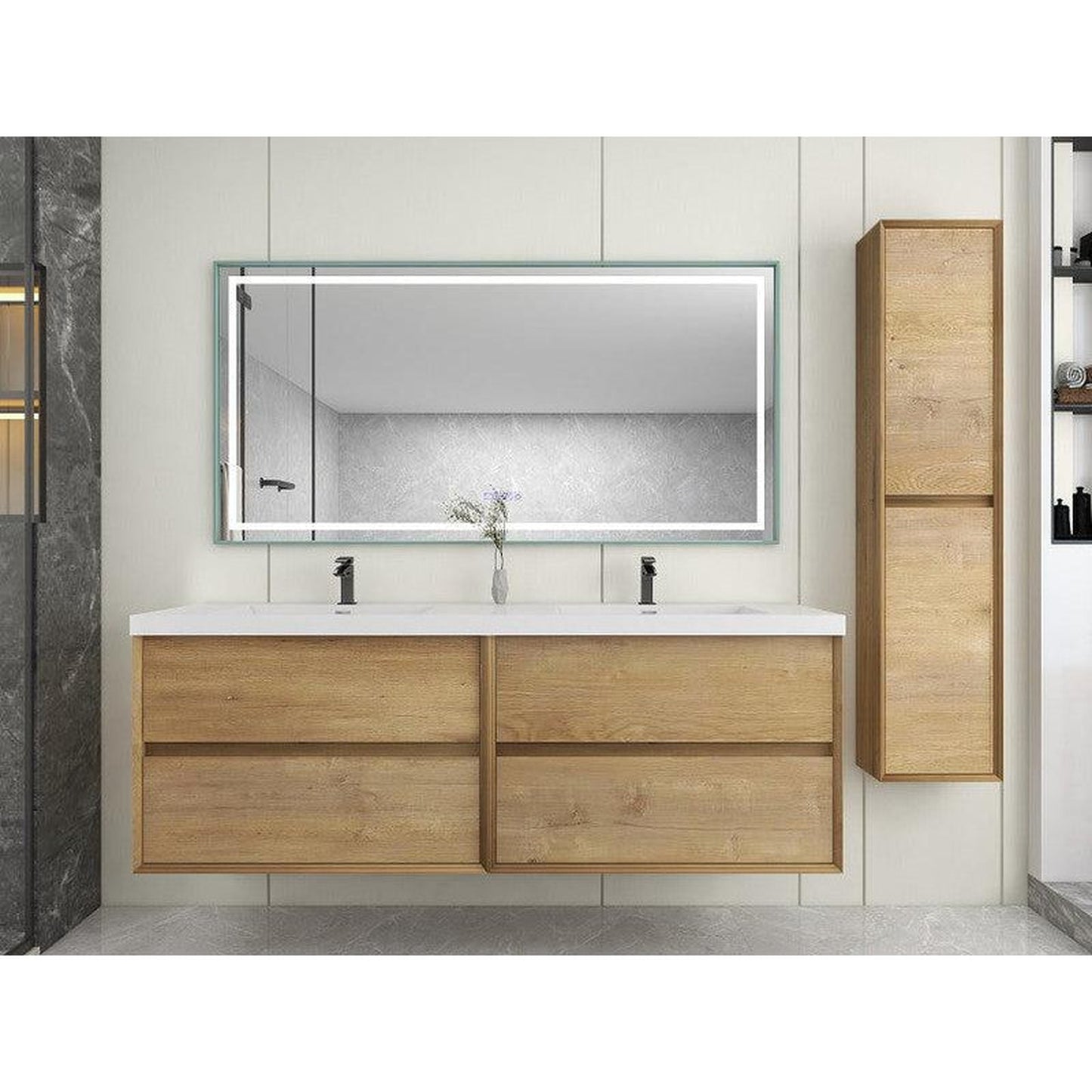 Moreno Bath Kingdee 72" White Oak Wall-Mounted Modern Vanity With Double Reinforced White Acrylic Sinks