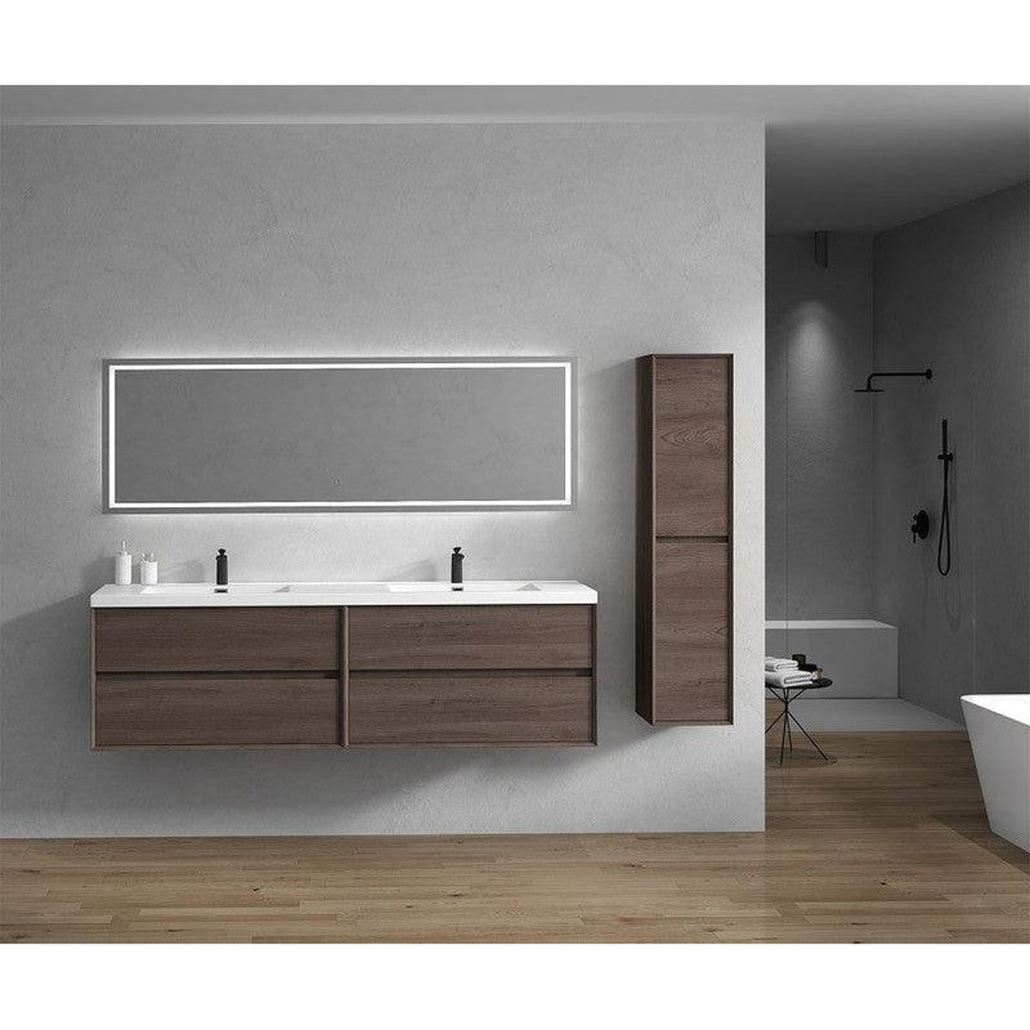 Moreno Bath Kingdee 84" Red Oak Wall-Mounted Modern Vanity With Double Reinforced White Acrylic Sinks