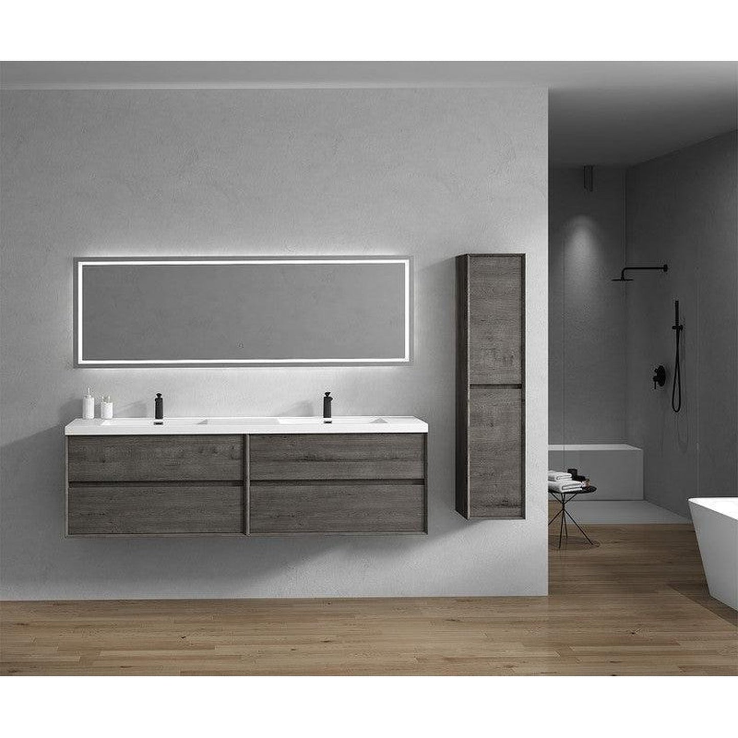 Moreno Bath Kingdee 84" Smoke Oak Wall-Mounted Modern Vanity With Double Reinforced White Acrylic Sinks