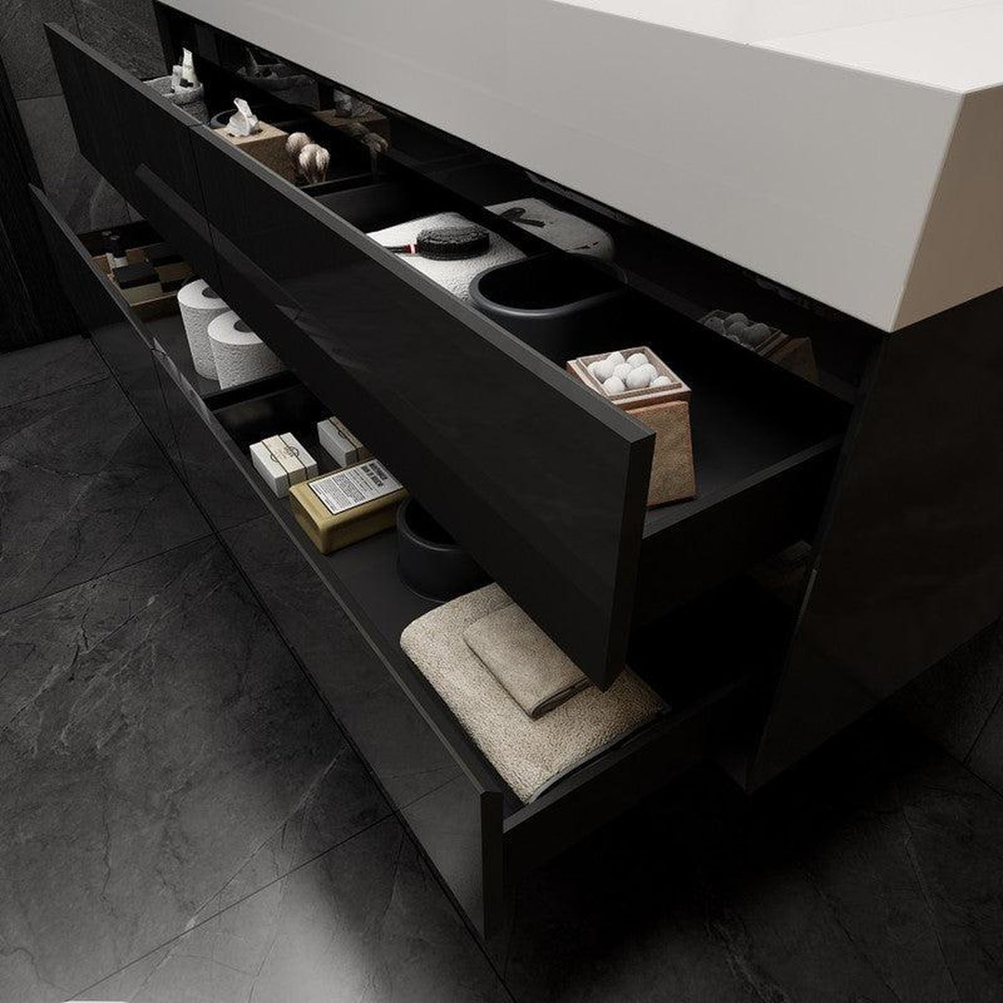 Moreno Bath MAX 60" Gloss Black Wall-Mounted Vanity With Double Faucet Holes and Reinforced White Acrylic Sink