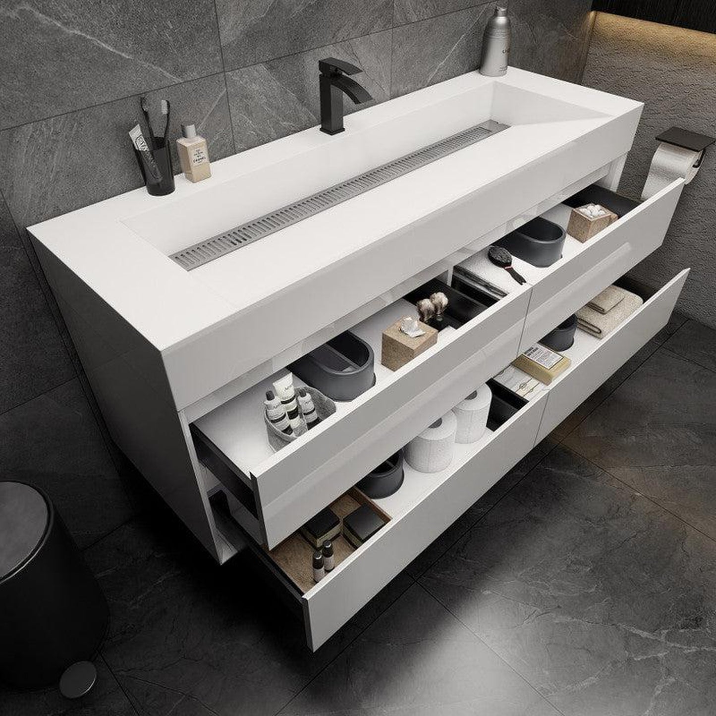 Moreno Bath MAX 60" Gloss White Wall-Mounted Vanity With Single Faucet Hole and Reinforced White Acrylic Sink