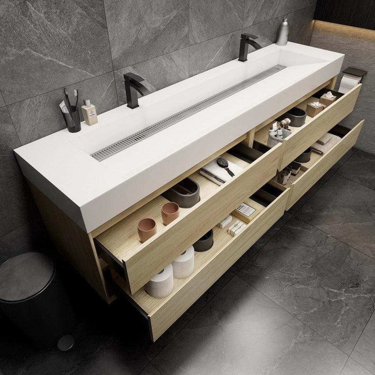 Moreno Bath MAX 84" Coffee Wood Wall-Mounted Vanity With Double Faucet Holes and Reinforced White Acrylic Sink