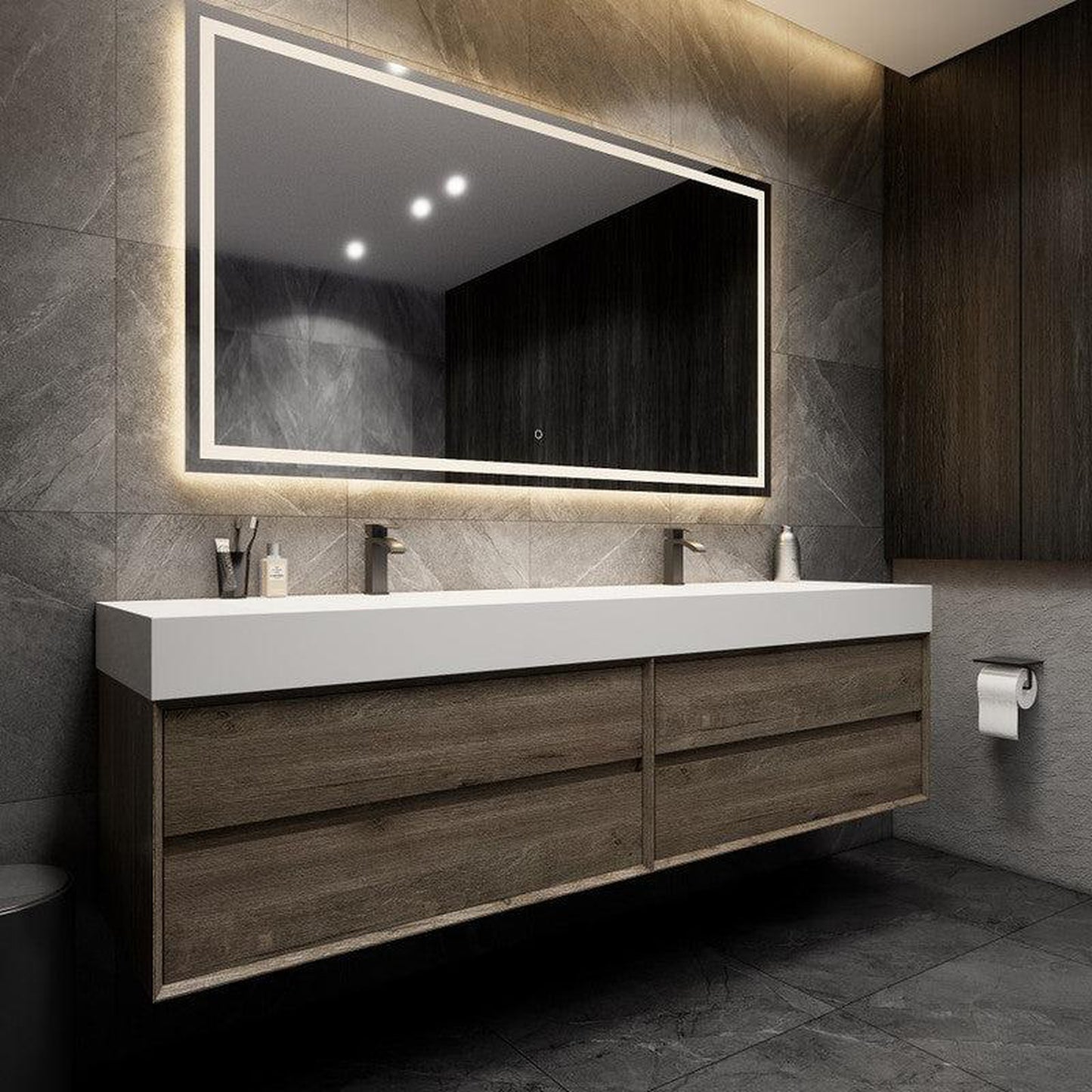 Moreno Bath MAX 84" Gray Oak Wall-Mounted Vanity With Double Faucet Holes and Reinforced White Acrylic Sink