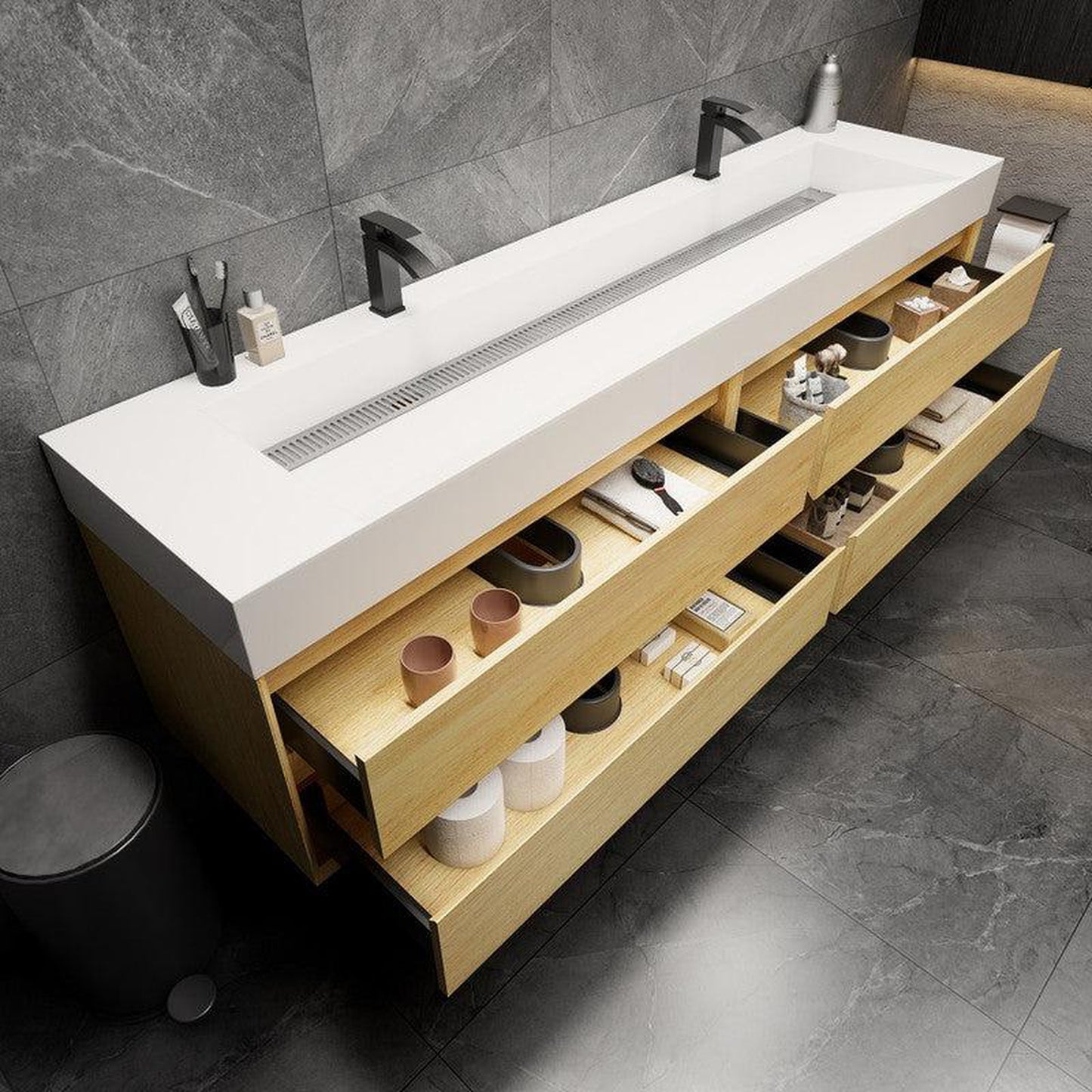 Moreno Bath MAX 84" Teak Oak Wall-Mounted Vanity With Double Faucet Holes and Reinforced White Acrylic Sink