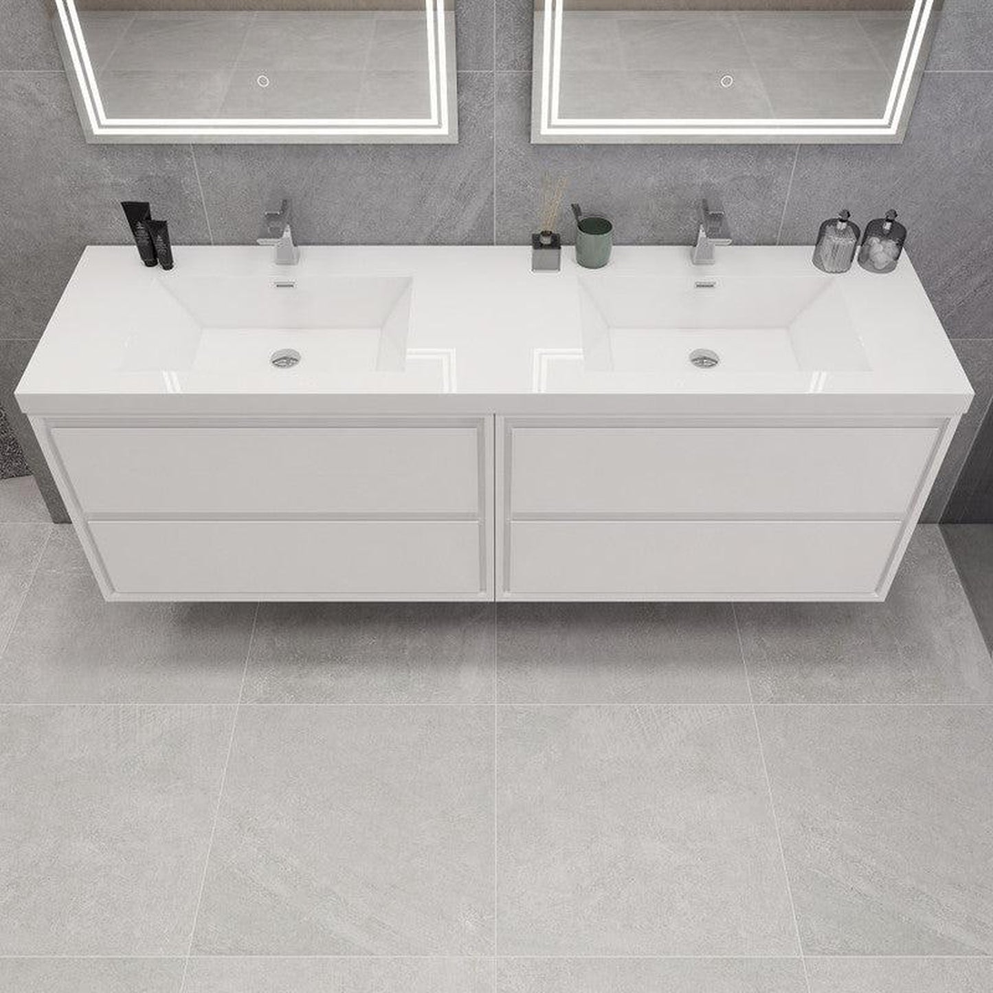 Moreno Bath Sage 84" High Gloss White Wall-Mounted Modern Vanity With Double Reinforced White Acrylic Sinks