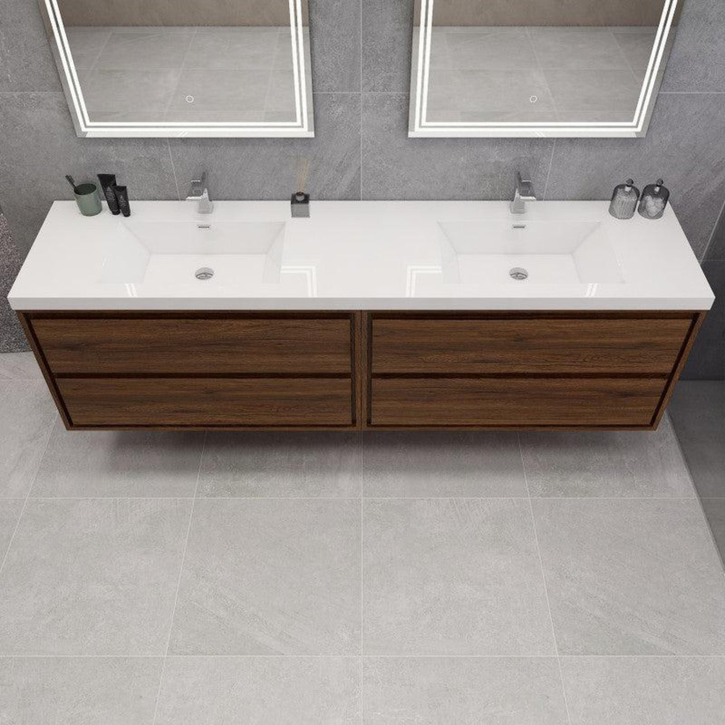 Moreno Bath Sage 84" Rosewood Wall-Mounted Modern Vanity With Double Reinforced White Acrylic Sinks