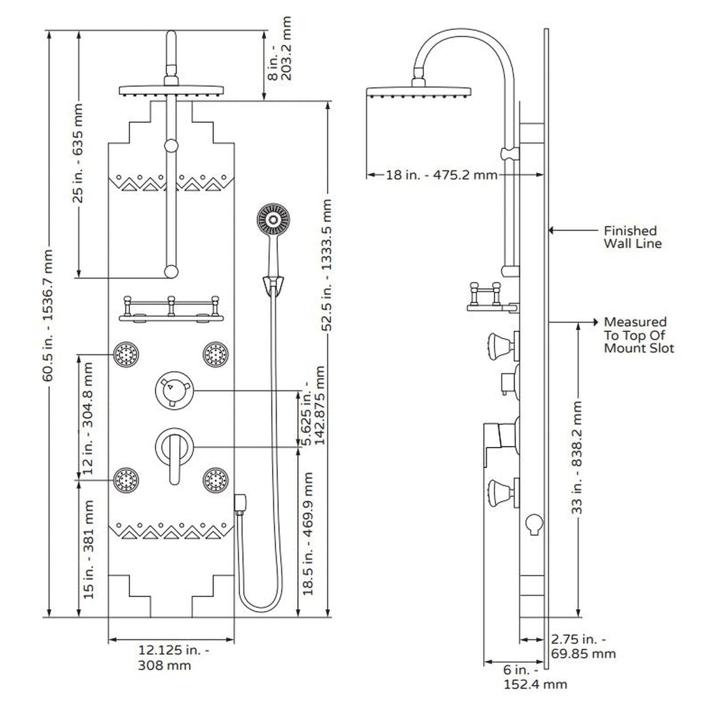 PULSE ShowerSpas Navajo 55" Hammered Copper Rain Shower Panel 2.5 GPM in Oil Rubbed Bronze Finish With 4 Multi Function Body Jets and Hand Shower