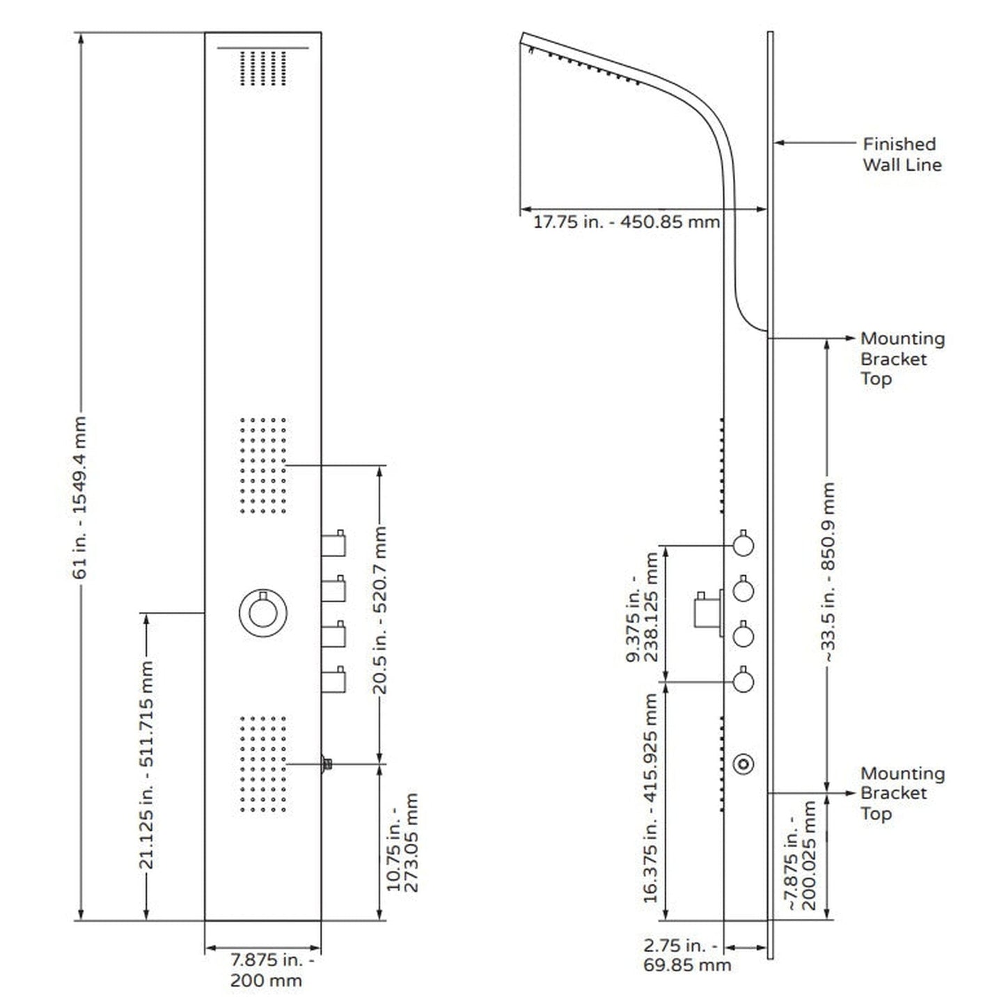 PULSE ShowerSpas Santa Cruz 62" Oversized Body Jets Shower Panel in Brushed Bronze Finish With Dual Function Shower Head and Hand Shower
