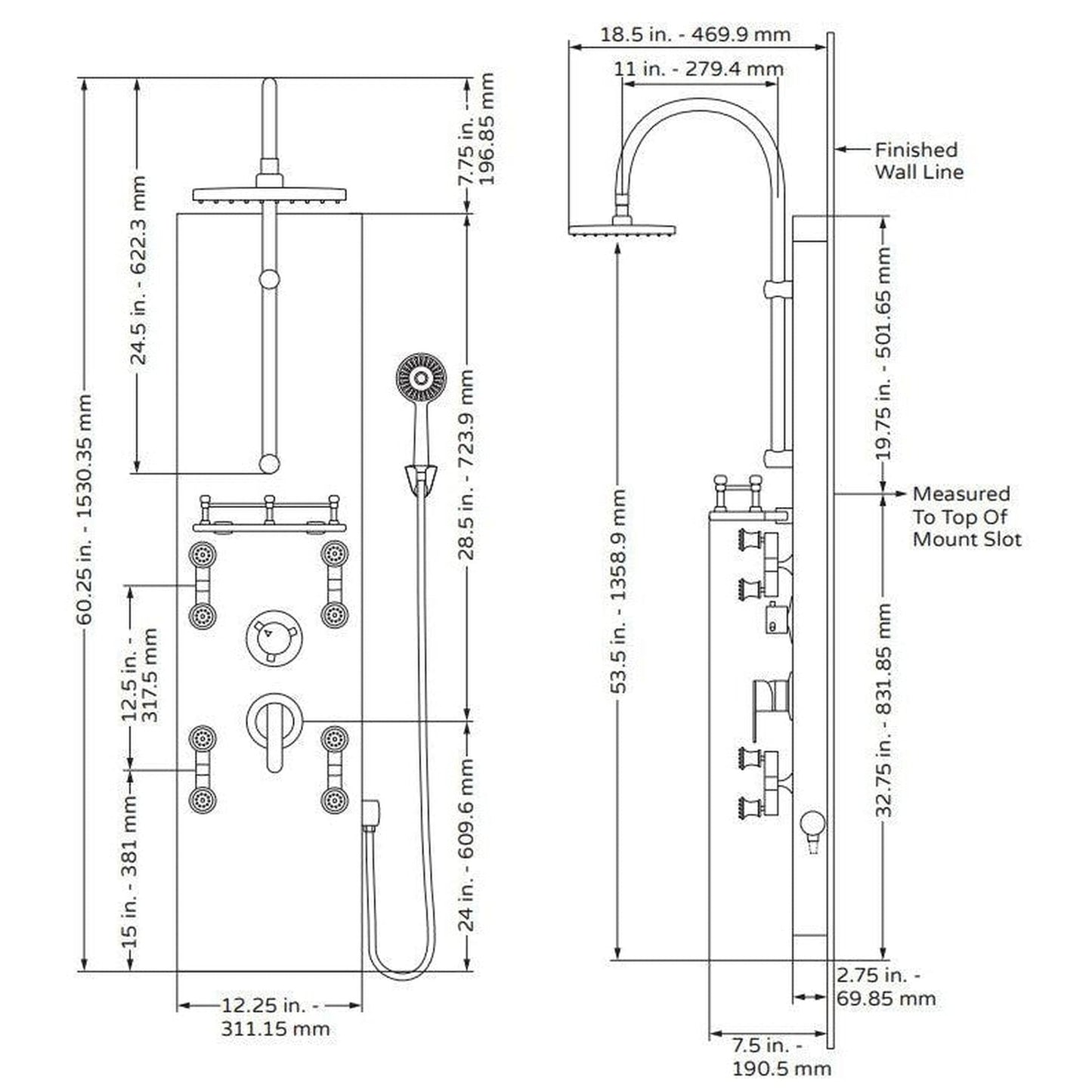 PULSE ShowerSpas Vaquero 2.5 GPM Rain Shower Panel in Hammered Brushed Nickel Finish With 4 Dual Head Body Jets and 5-Function Hand Shower