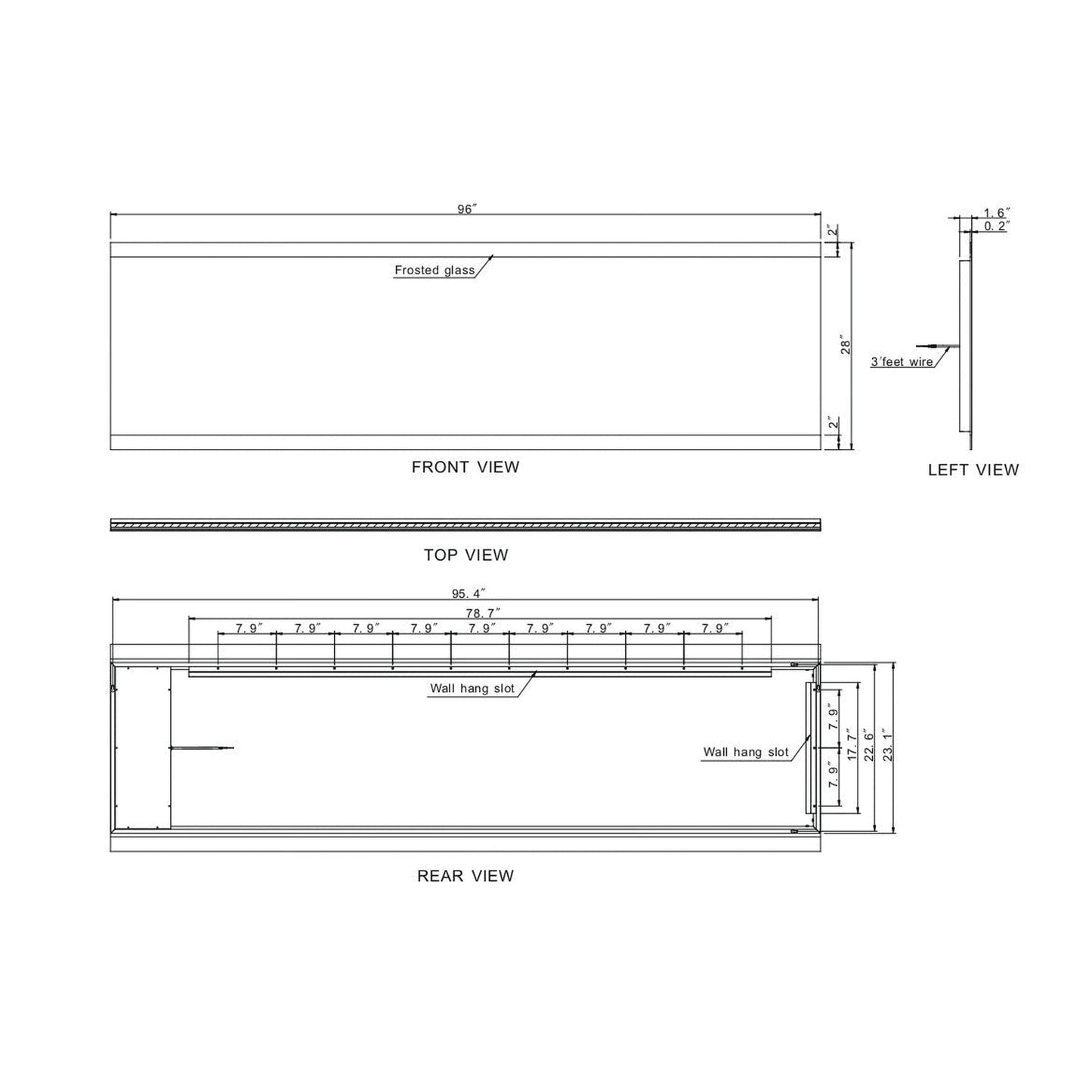 Paris Mirror Paris 96" x 28" Dual-Lighted Super Bright Dimmable Wall-Mounted 6000K LED Mirror With 2 Acrylic Frosted Edges