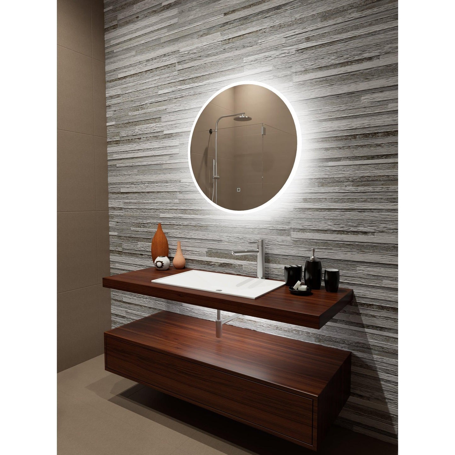 Paris Mirror Reflection 32" x 32" Round Backlit Lighted Super Bright Dimmable Wall-Mounted 6000K LED Mirror With Frosted Edged Lighted Frame and Integrated Defogger System