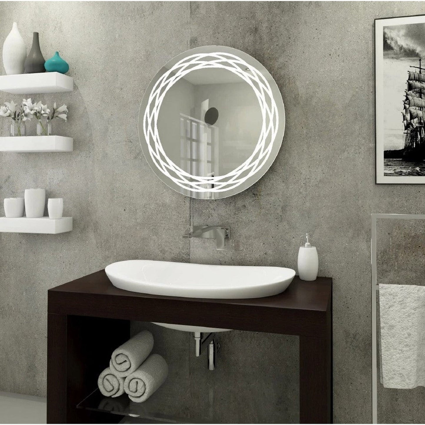 Paris Mirror Serene 30" x 30" Round Front-Lit Lighted Bright Energy Saving Wall-Mounted 6000K LED Mirror With Glass Frosted Design