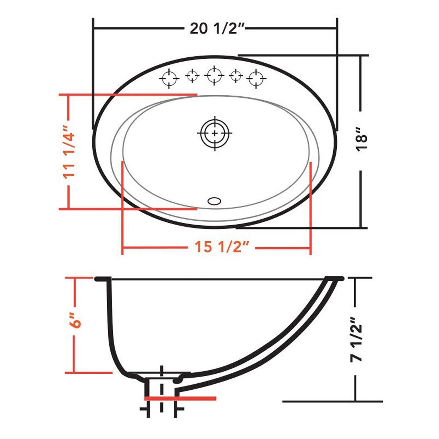 Pelican Int'l Pearl Series PL-1011 White Porcelain Self-Rimming Bathroom Sink 20 1/2" x 18" with a 8" Spread