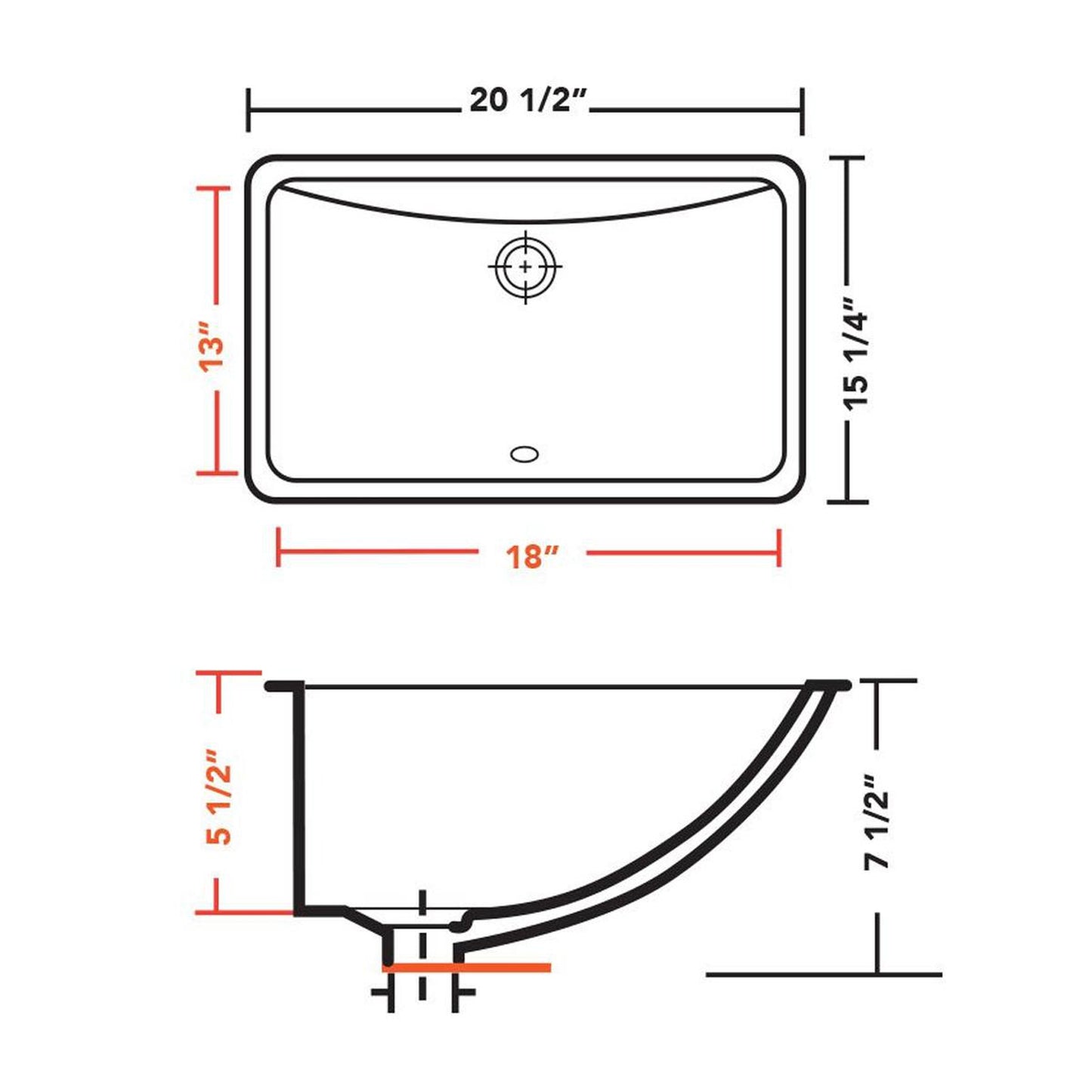 Pelican Int'l Pearl Series PL-3099 18" x 13" Individually Packaged White Porcelain Undermount Bathroom Sink